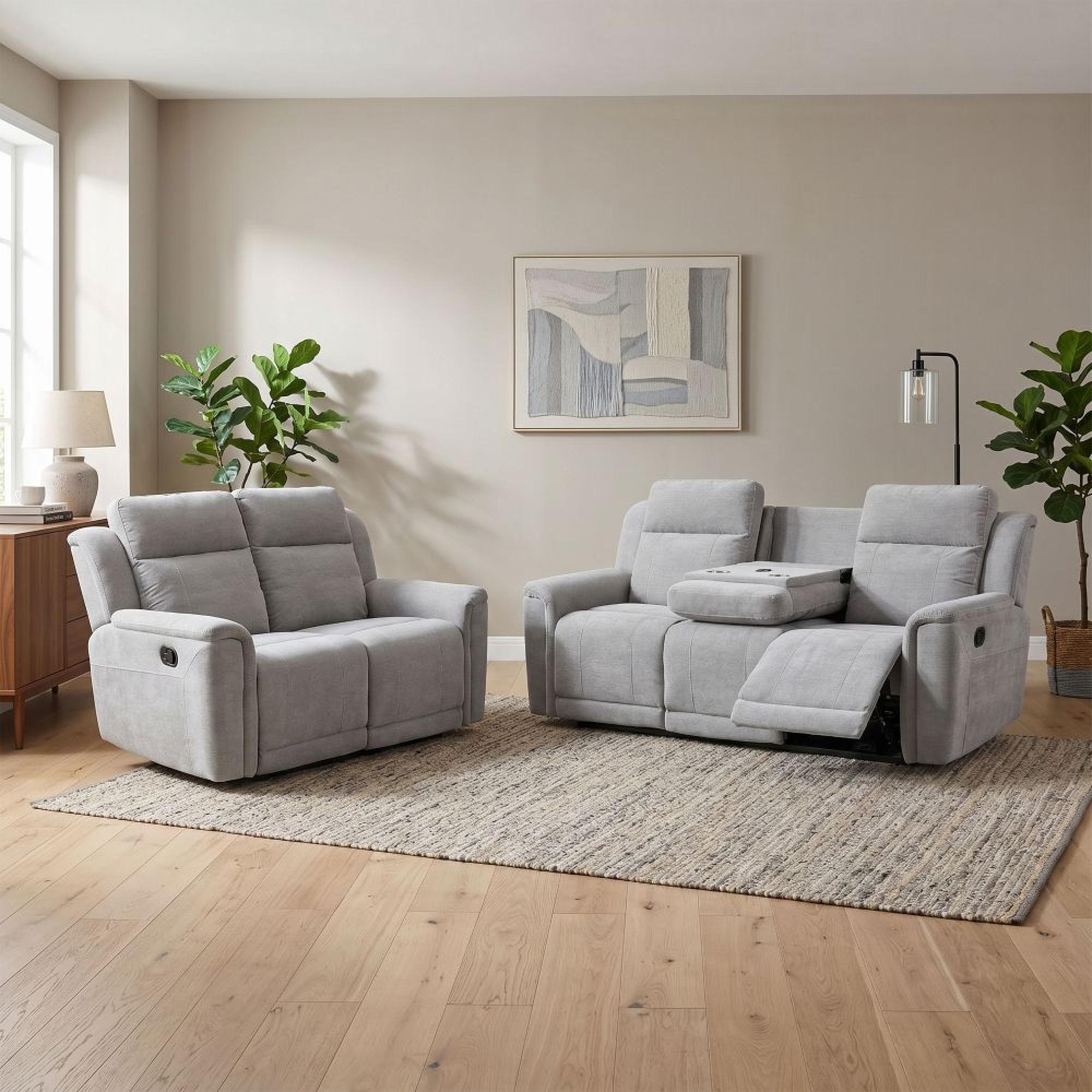 Somerton Recliner Sofa - 3+2 Seater - with Storage Console - Light Grey - Fabric