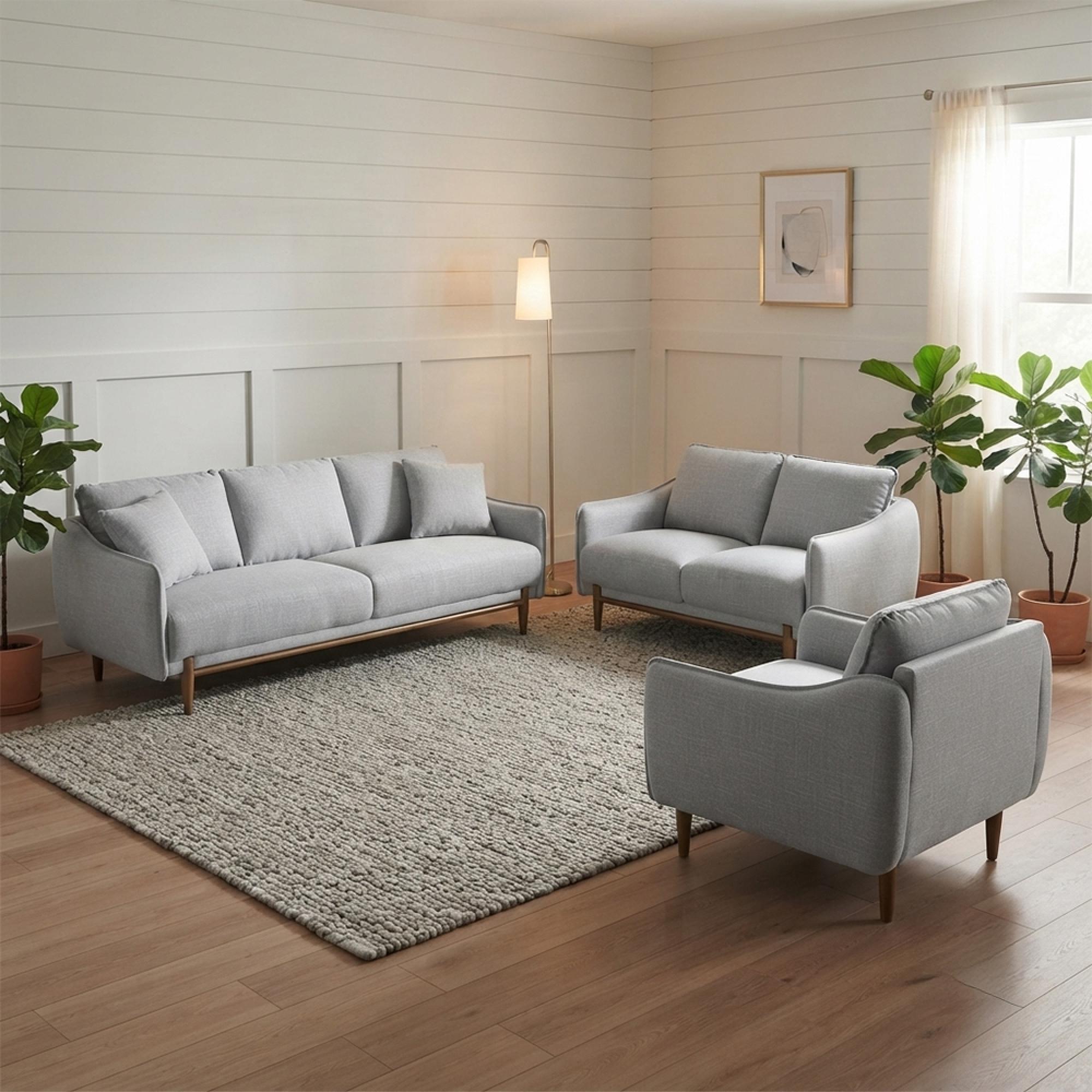 Louie Sofa Suite - 3+2+1 Seater - Grey Linen - Fabric