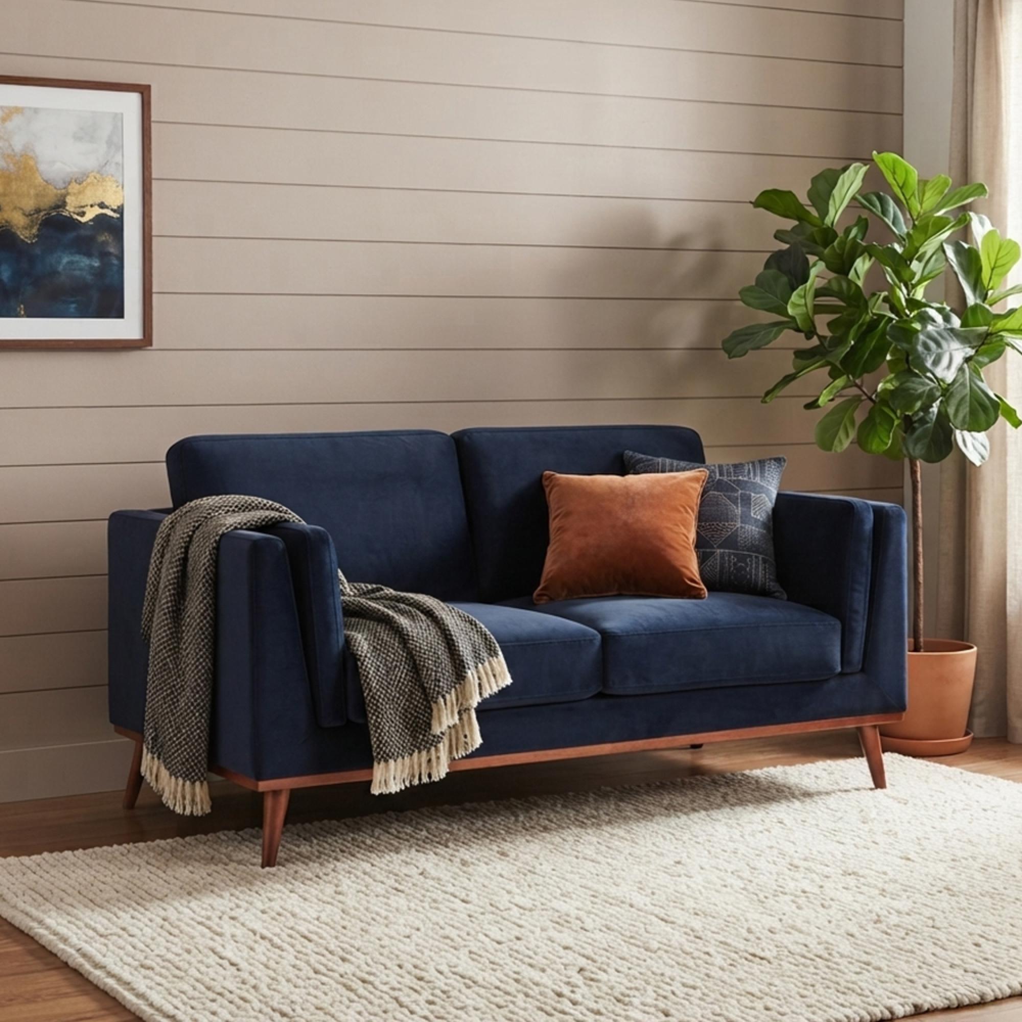 Mickey Sofa - 2 Seater - Midnight Blue Velvet and Walnut - Fabric and Wood