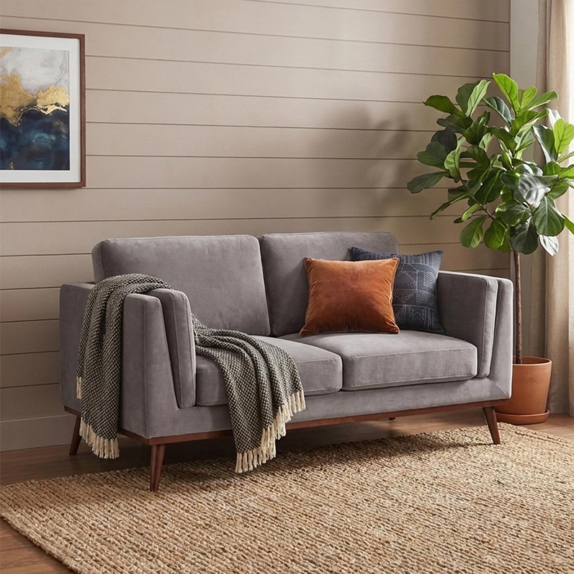 Mickey Sofa - 2 Seater - Stone Grey Velvet and Walnut - Fabric and Wood
