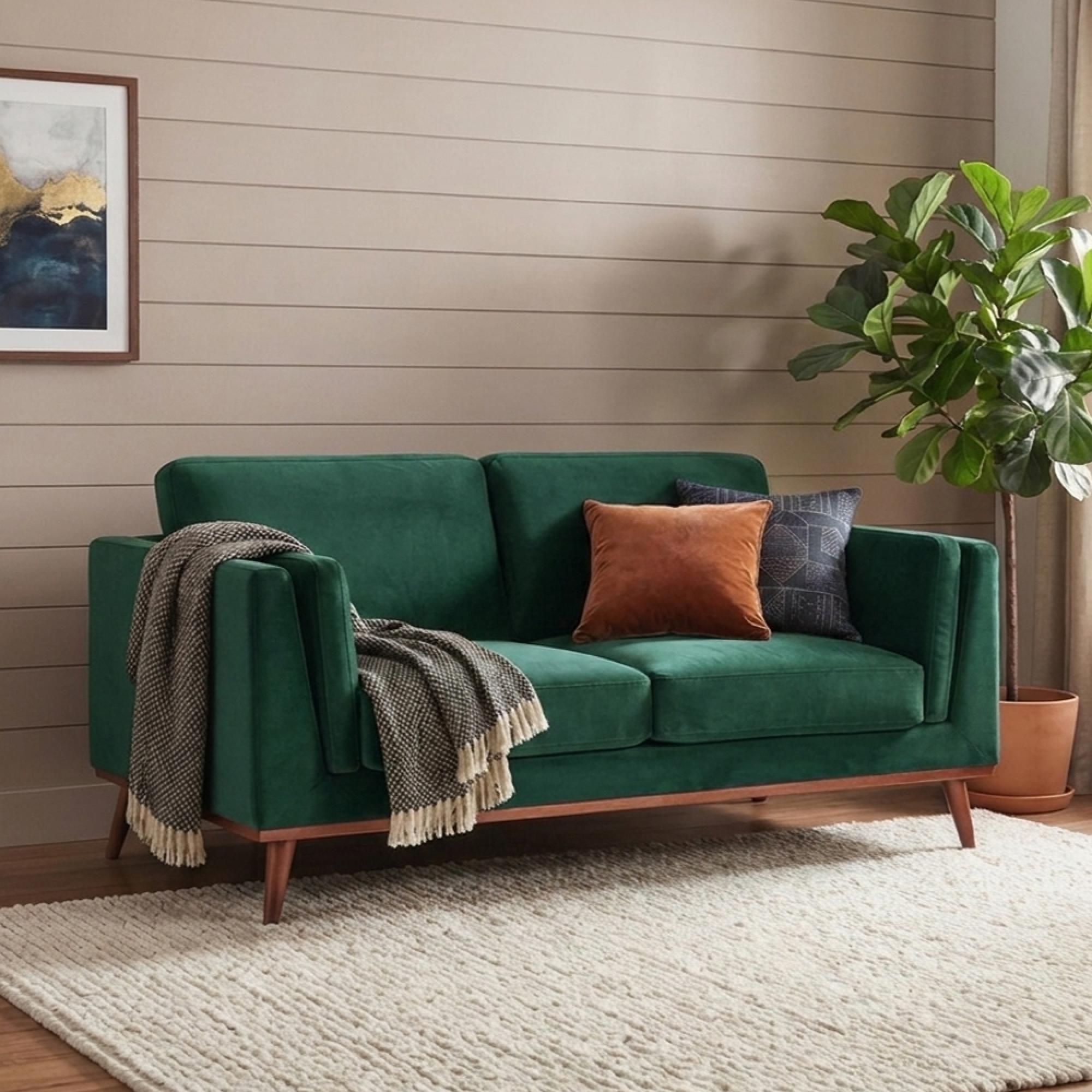 Mickey Sofa - 3 Seater - Emerald Green Velvet and Walnut - Fabric and Wood