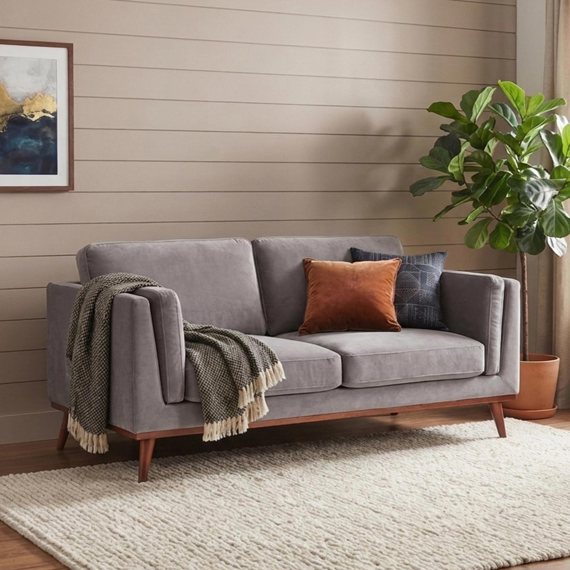 Mickey Sofa - 3 Seater - Stone Grey Velvet and Walnut - Fabric and Wood