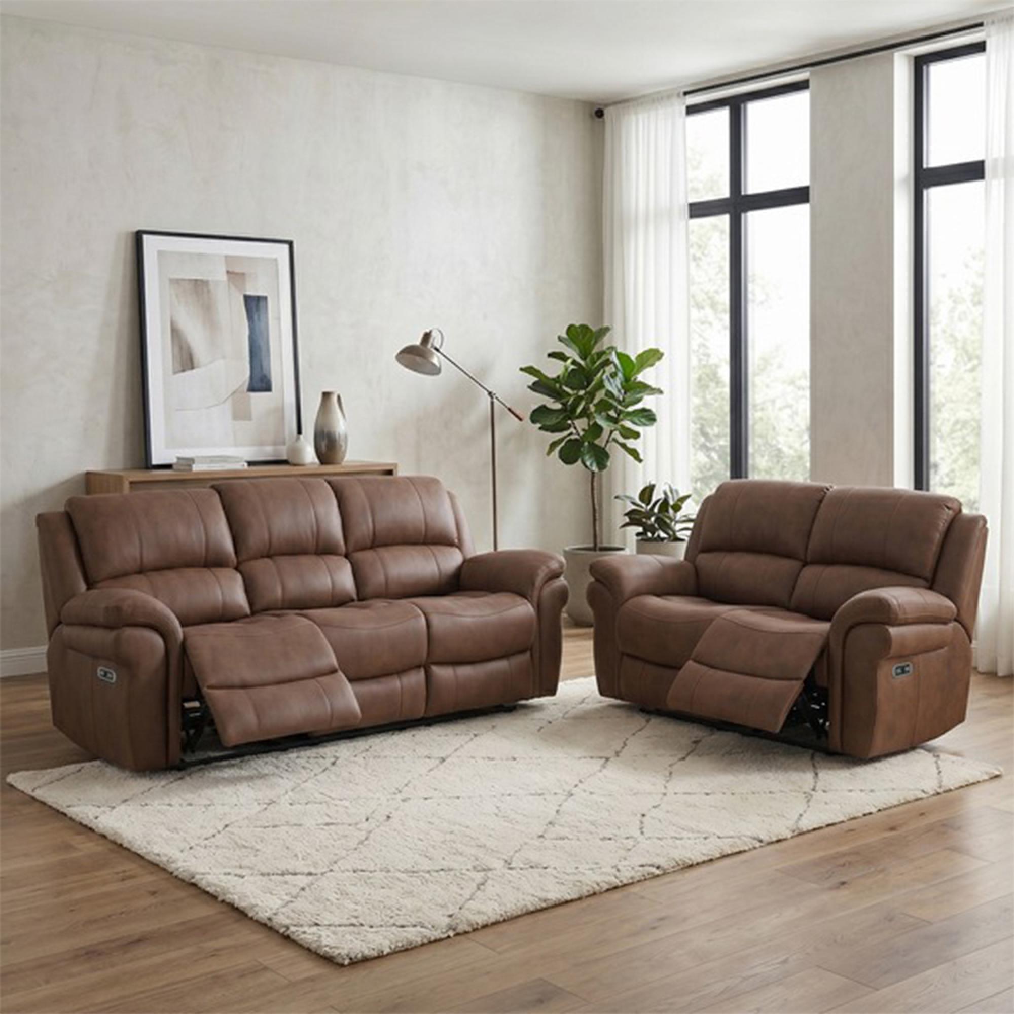 Farnham Ultra Electric Recliner Sofa Suite - 3+2 Seater - Tan - Fabric