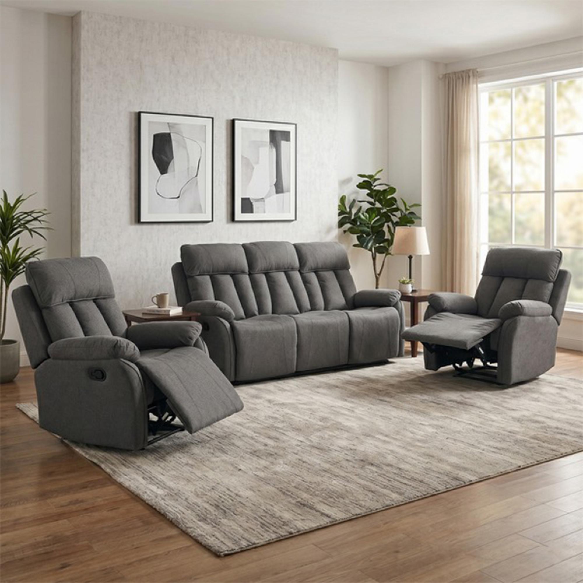 Belgrave Manual Recliner Sofa Suite - 3+1+1 Seater - Grey - Fabric