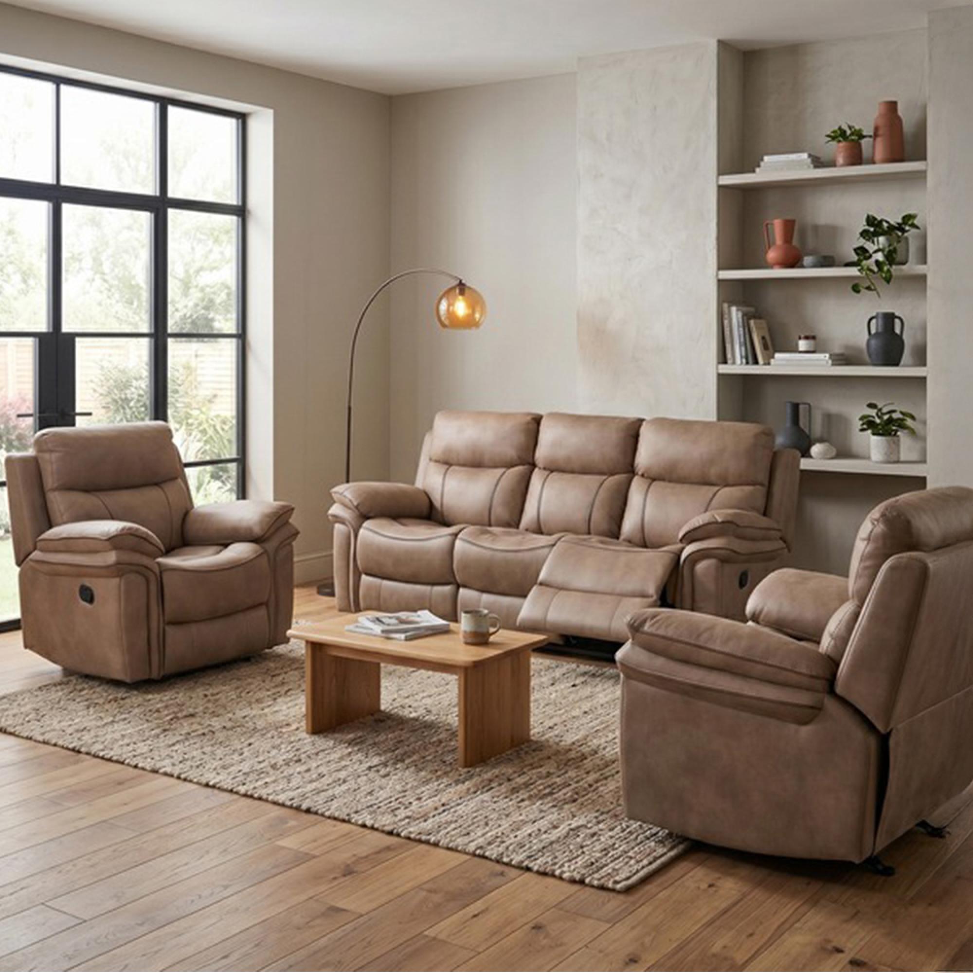 Richmond Manual Recliner Sofa - 3+1+1 Seater - Sahara - Leather Look Fabric