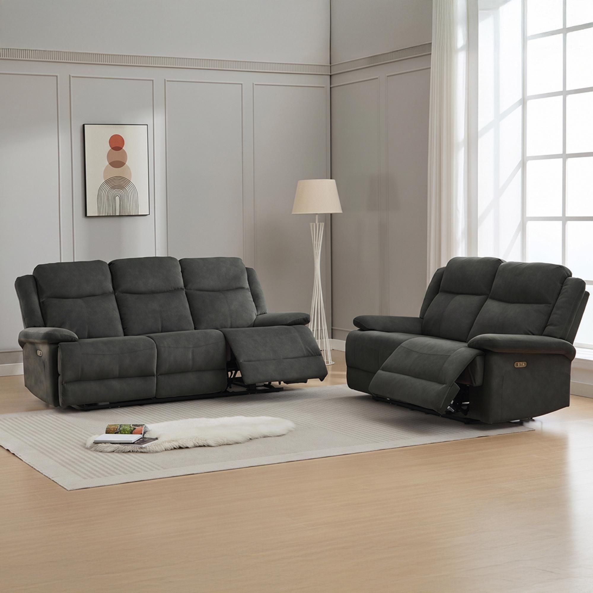 Rockport Electric Recliner Sofa - 3+2 Seater - Thunder - Fabric