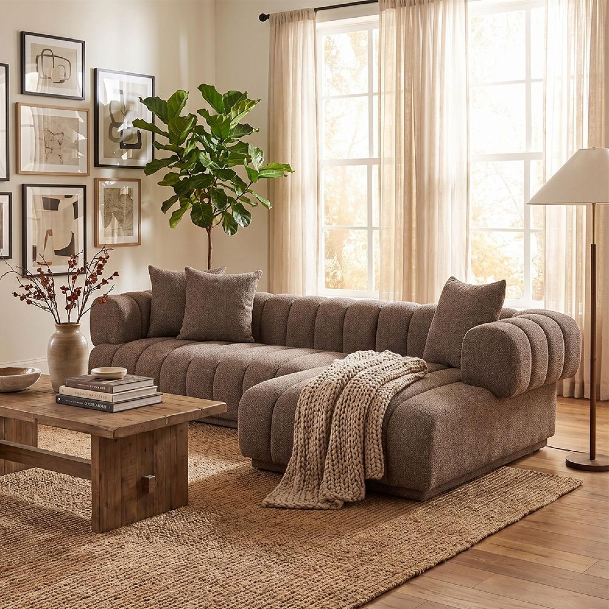 Aurora Corner Lounge Sofa - with Chaise - Channel-Tufted - RHF - Brown - Fabric
