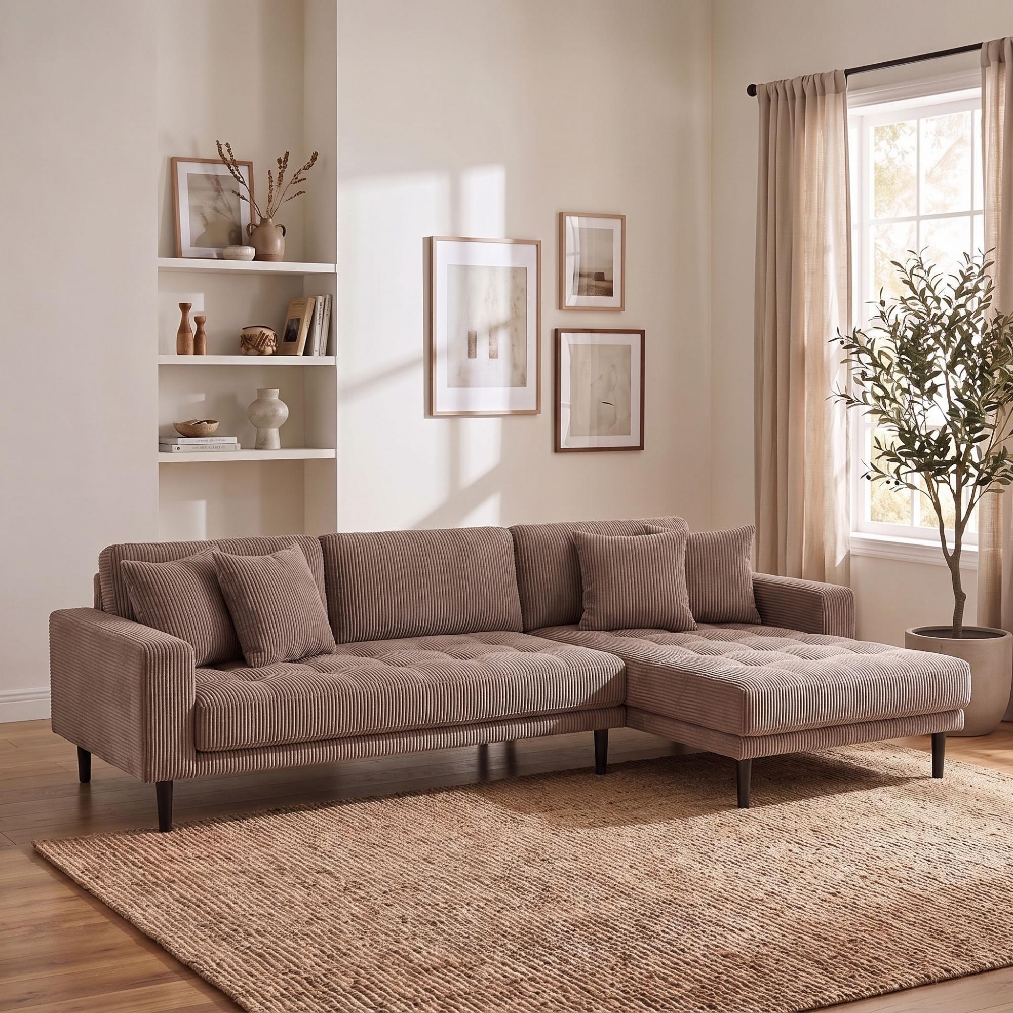 Lido Lounge Sofa - with Chaise - RHF - Corduroy Style - Brown - Fabric