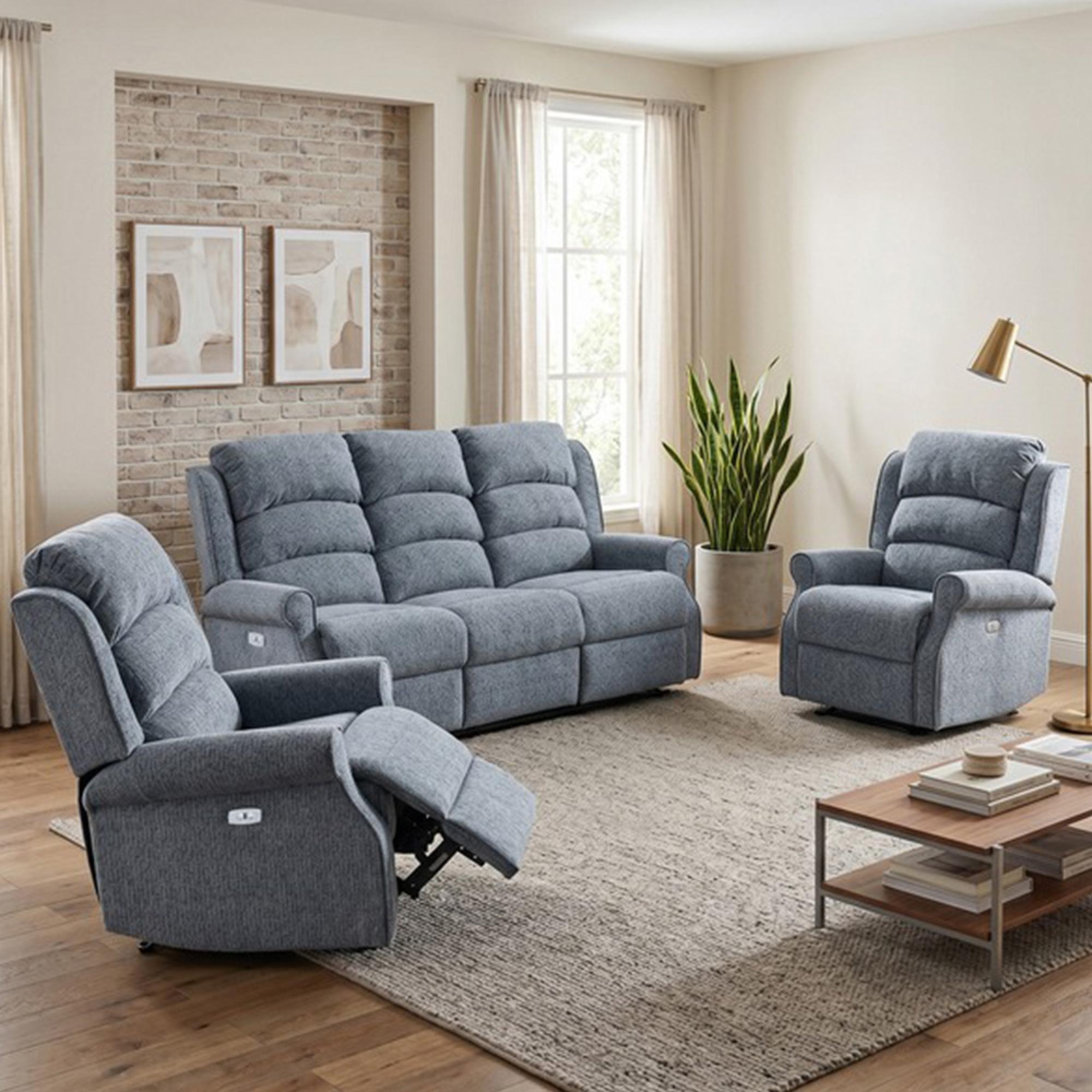 Windsor Electric Recliner Sofa - 3+1+1 Seater - Steel Blue - Fabric