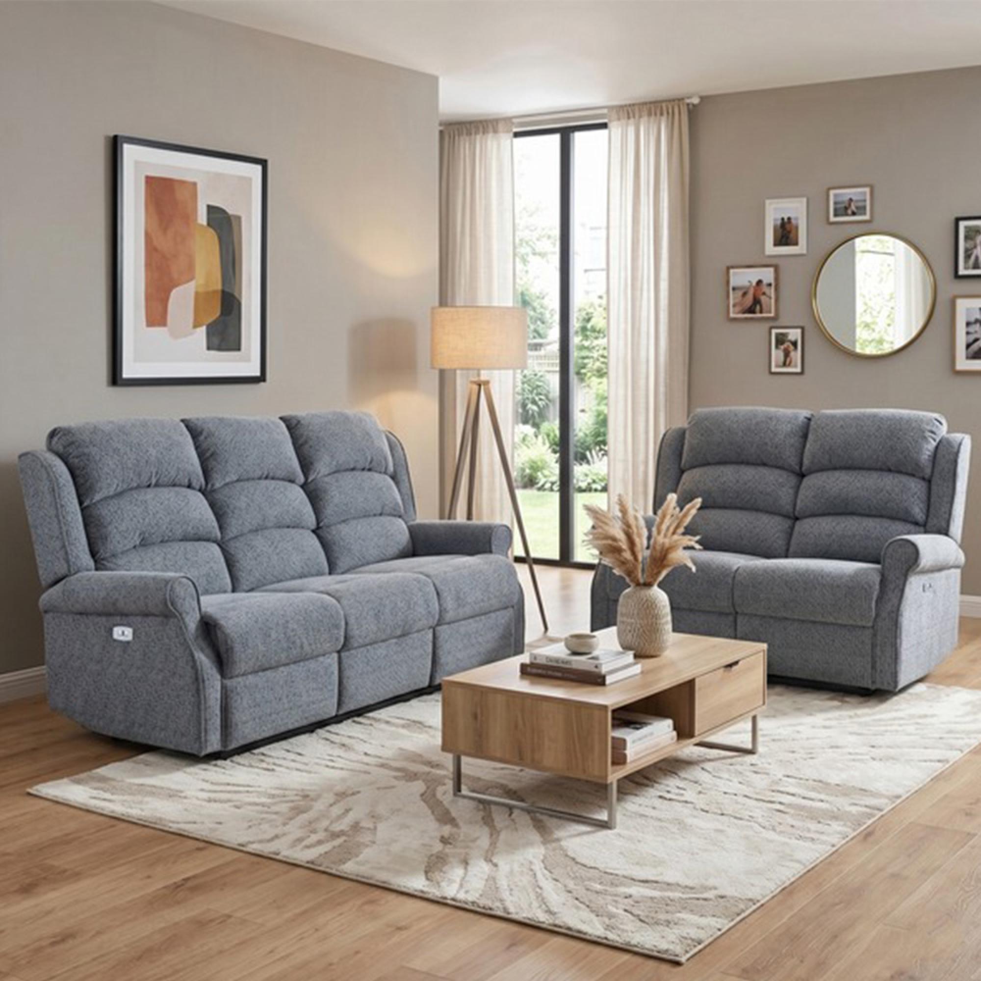 Windsor Electric Recliner Sofa - 3+2 Seater - Steel Blue - Fabric