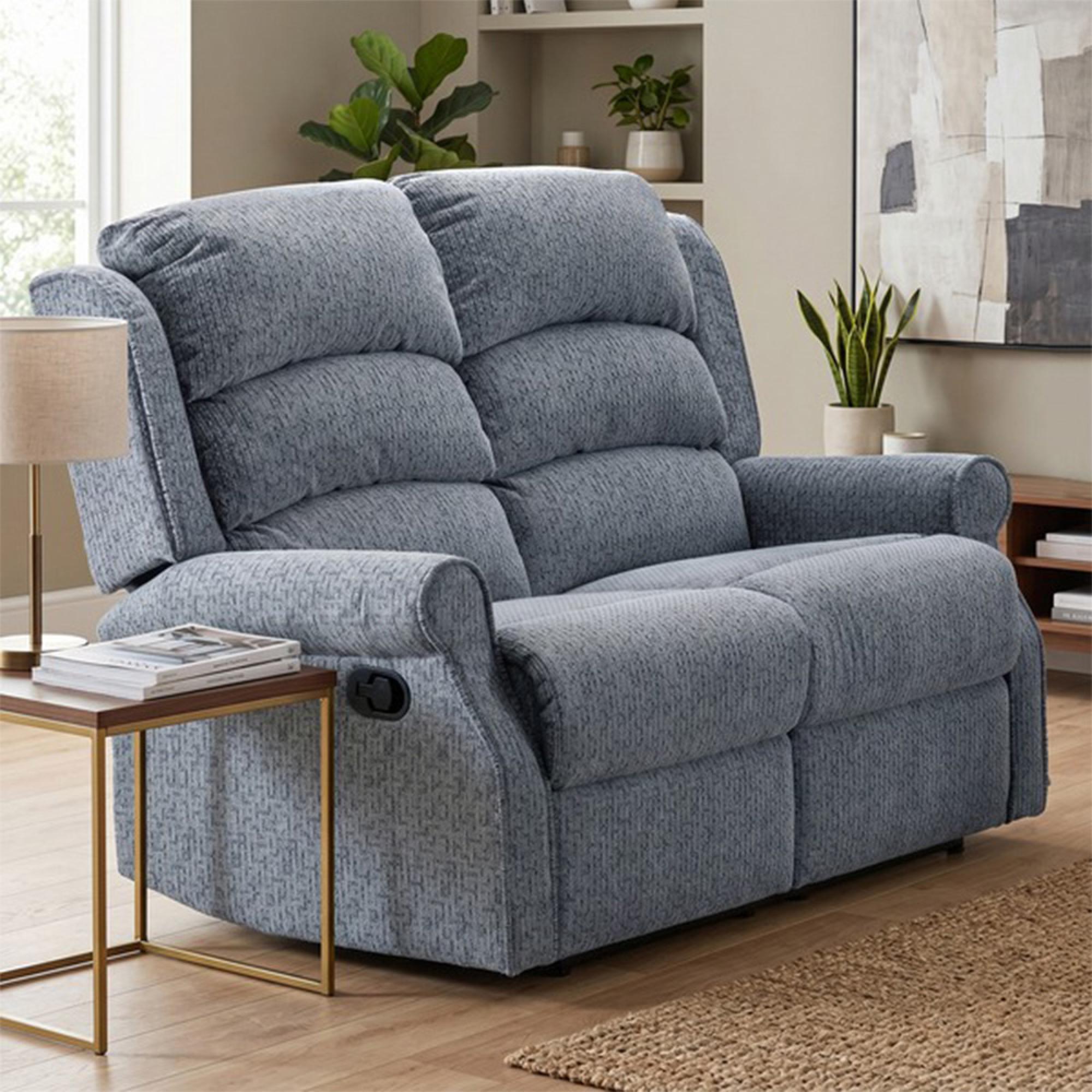 Windsor Manual Recliner Sofa - 2 Seater - Steel Blue - Fabric