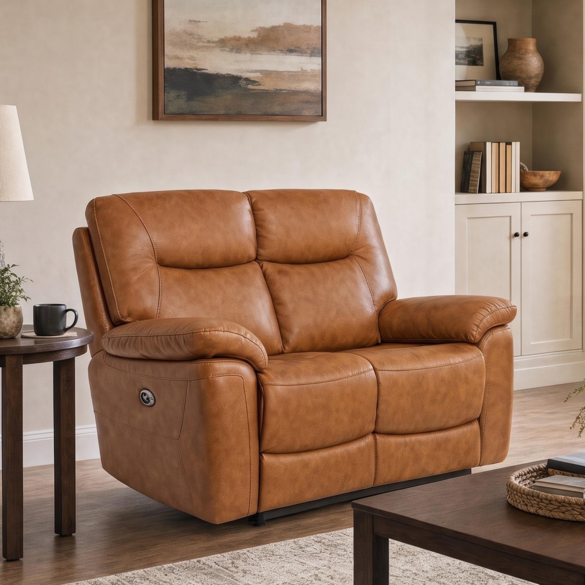 Lucia Power Recliner Sofa - 2 Seater - Tan - Leather