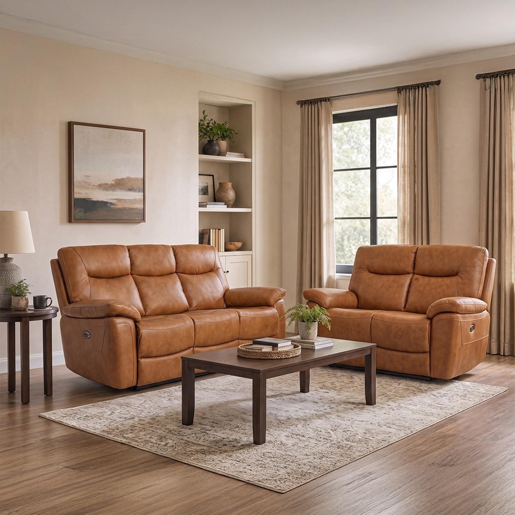 Lucia Power Recliner Sofa Suite - 3+2 Seater - Tan - Leather
