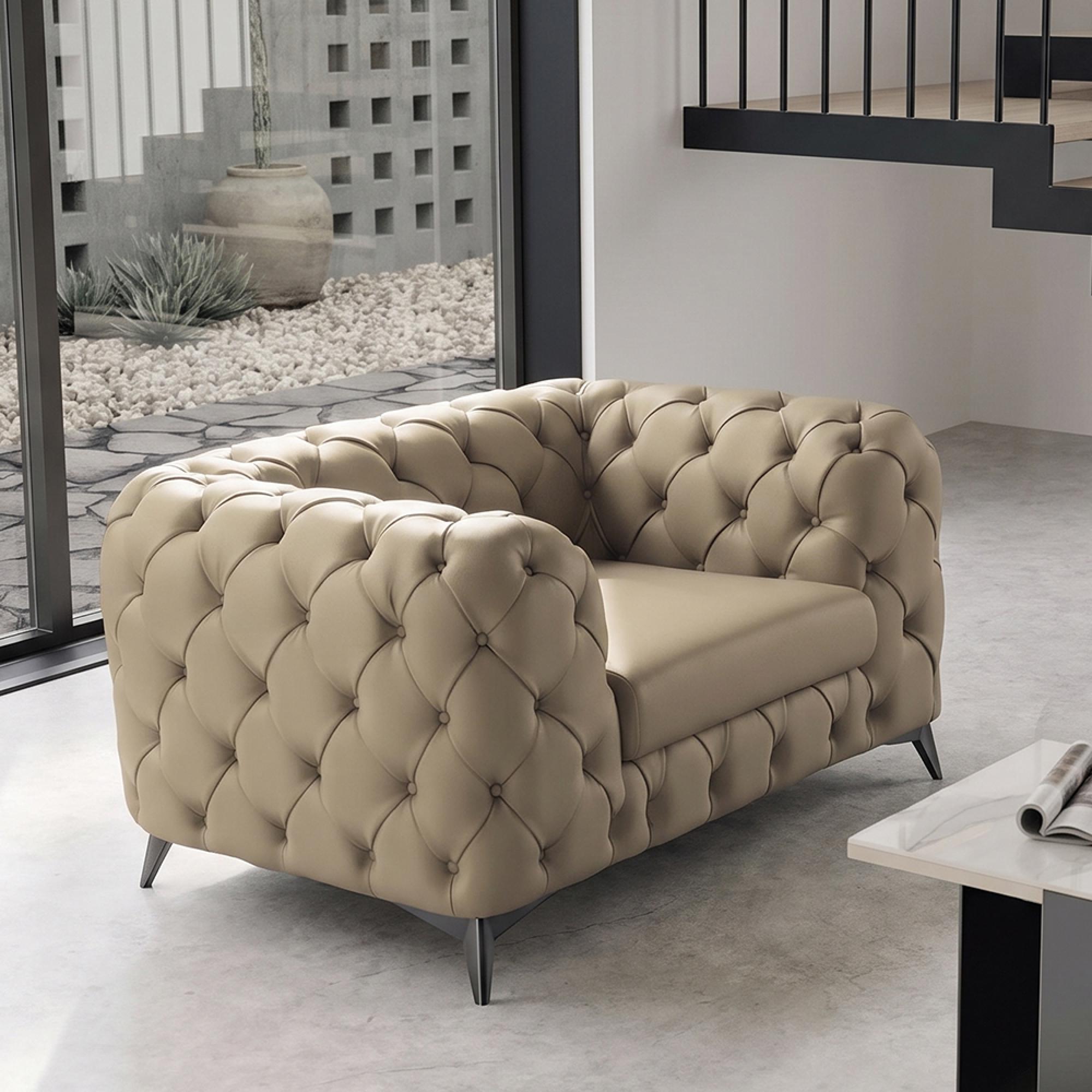 Zenith Italian Curved Armchair - Deep Button Tufted - Leather
