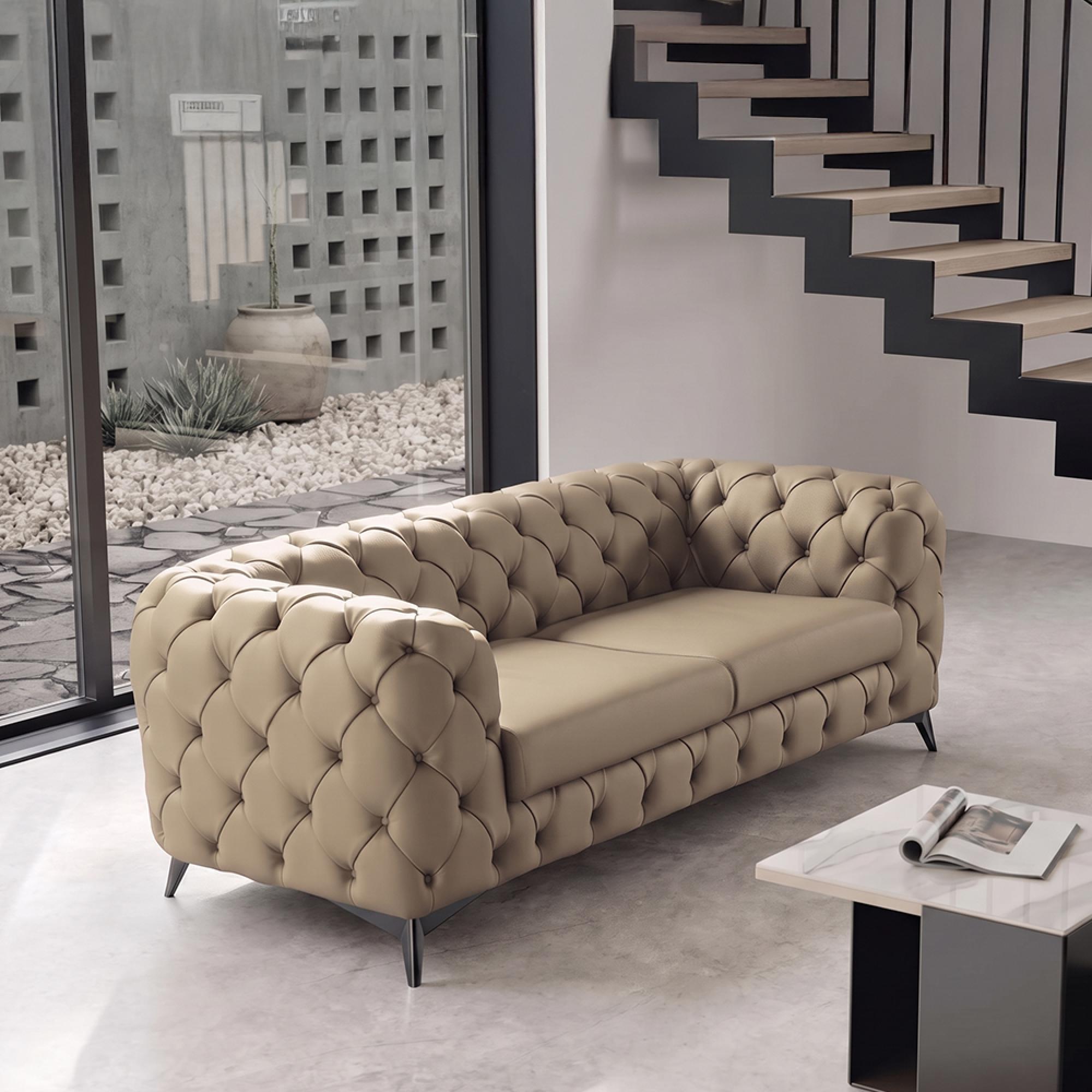 Zenith Italian Curved Sofa - 2 Seater - Deep Button Tufted - Leather