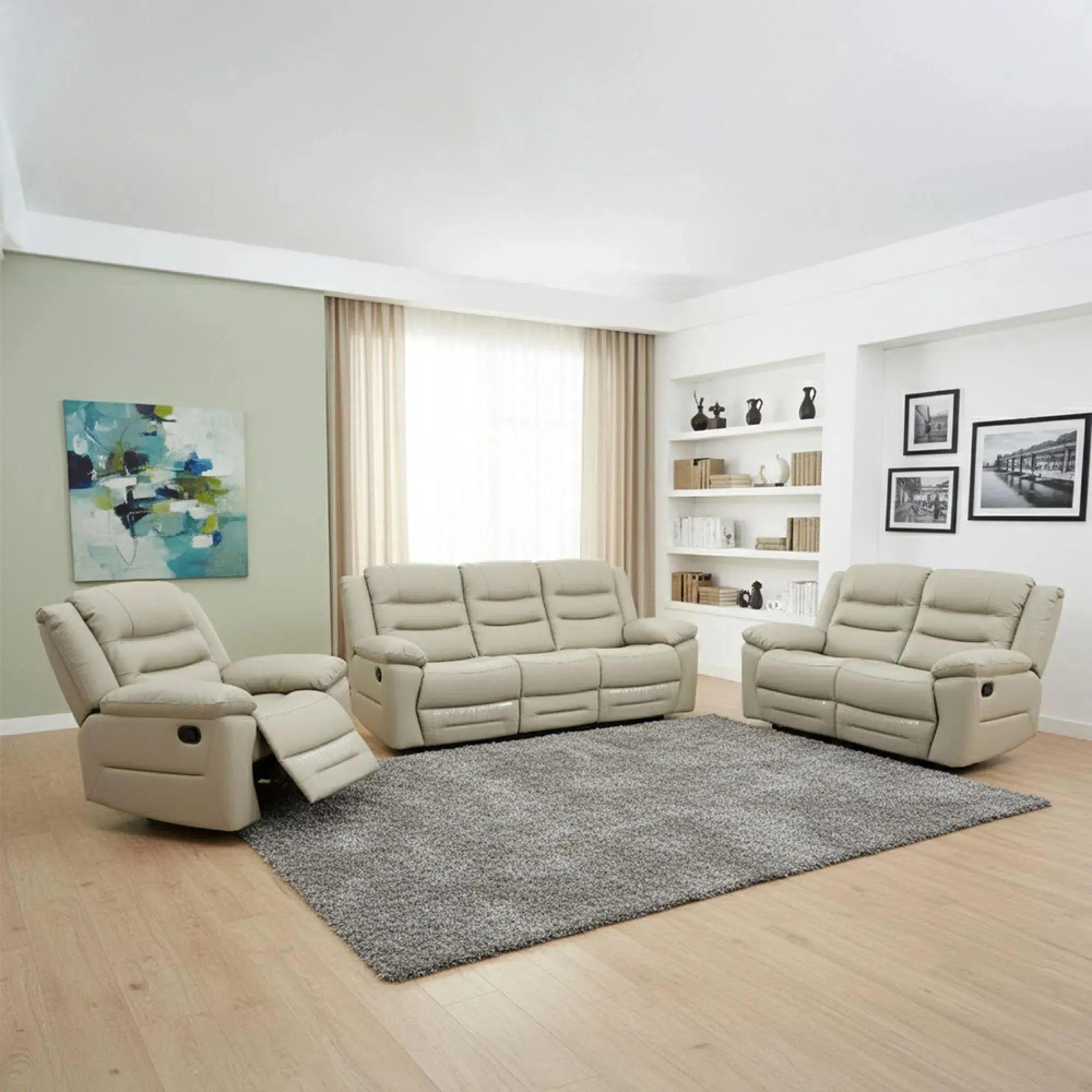 Alexandra Recliner Sofa Set - 3+2+1 Seater - Warm Grey Leather