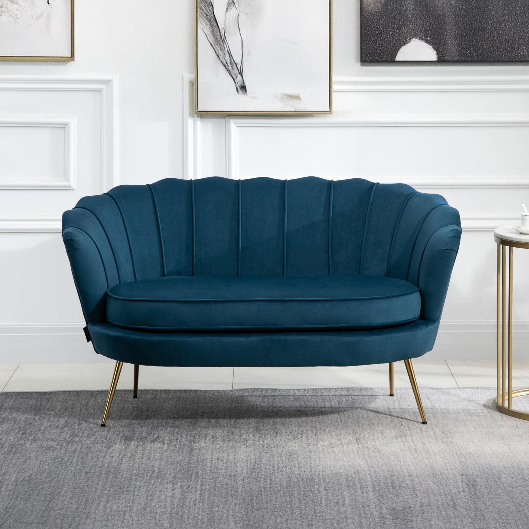 Ariel Sofa with Gold Legs - 2 Seater - Blue Velvet Fabric