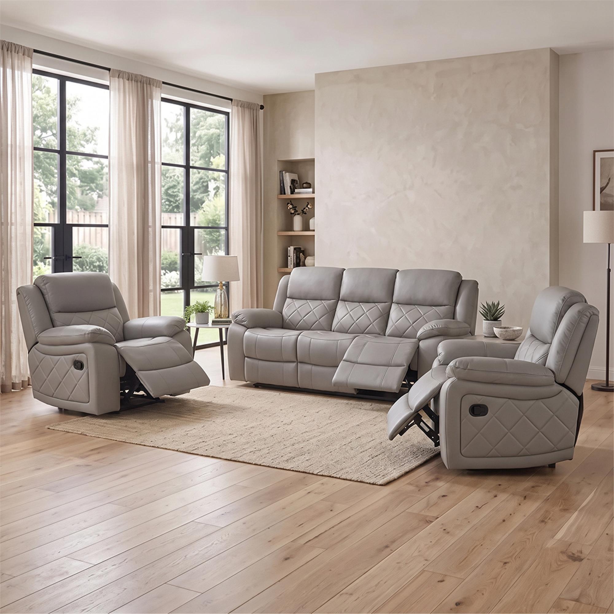 Bentley Recliner Sofa Set - Light Grey Leather