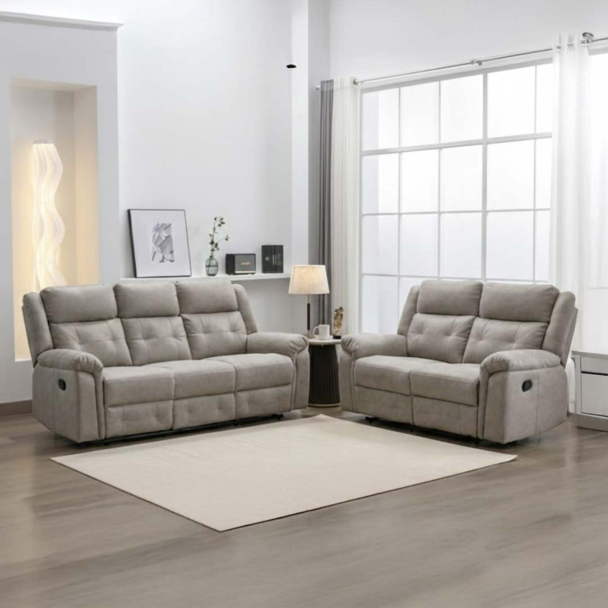 Berkeley Recliner Sofa Suite - 3+2 Seater - Light Grey Leather Look Fabric