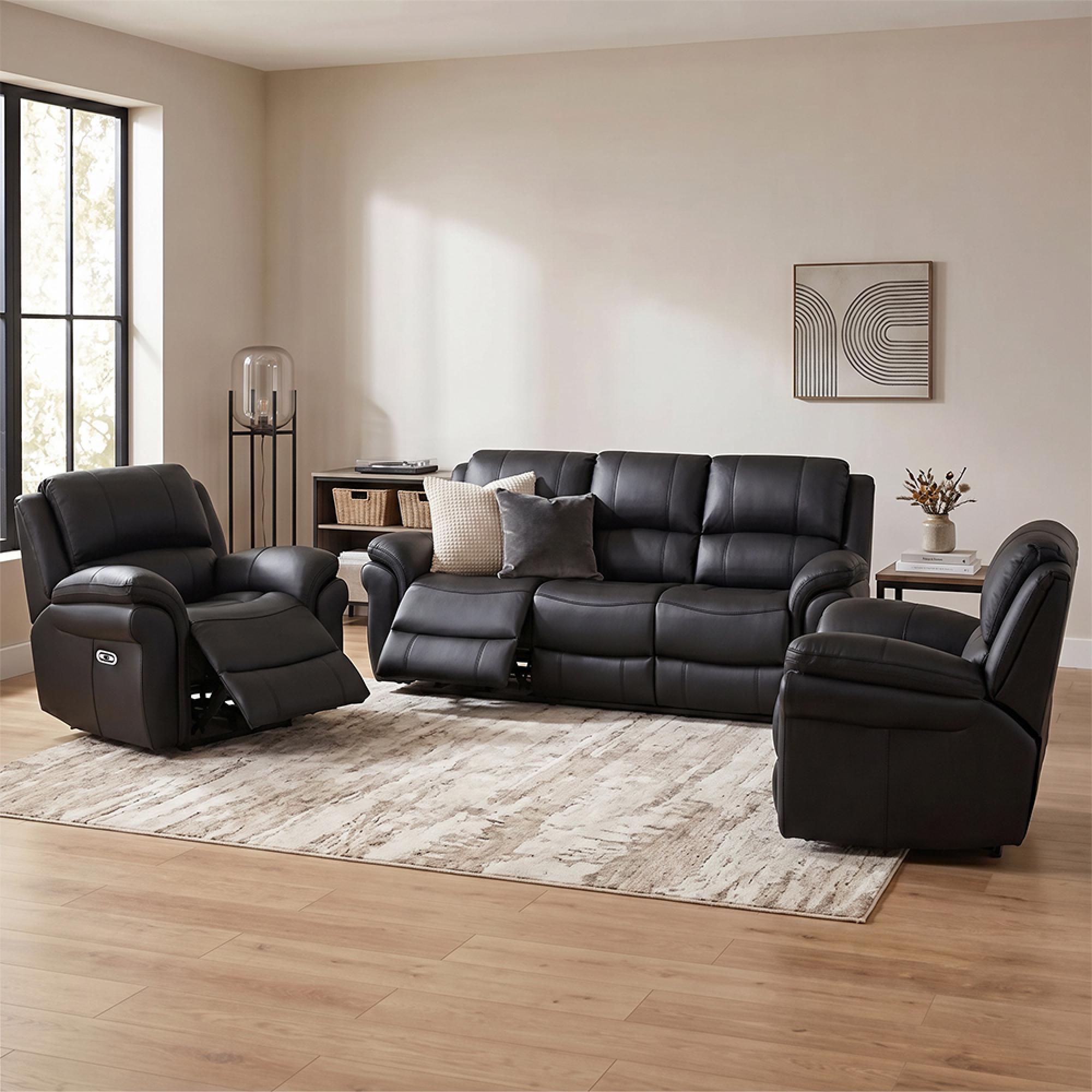Berlin Recliner Sofa Set - Black Leather