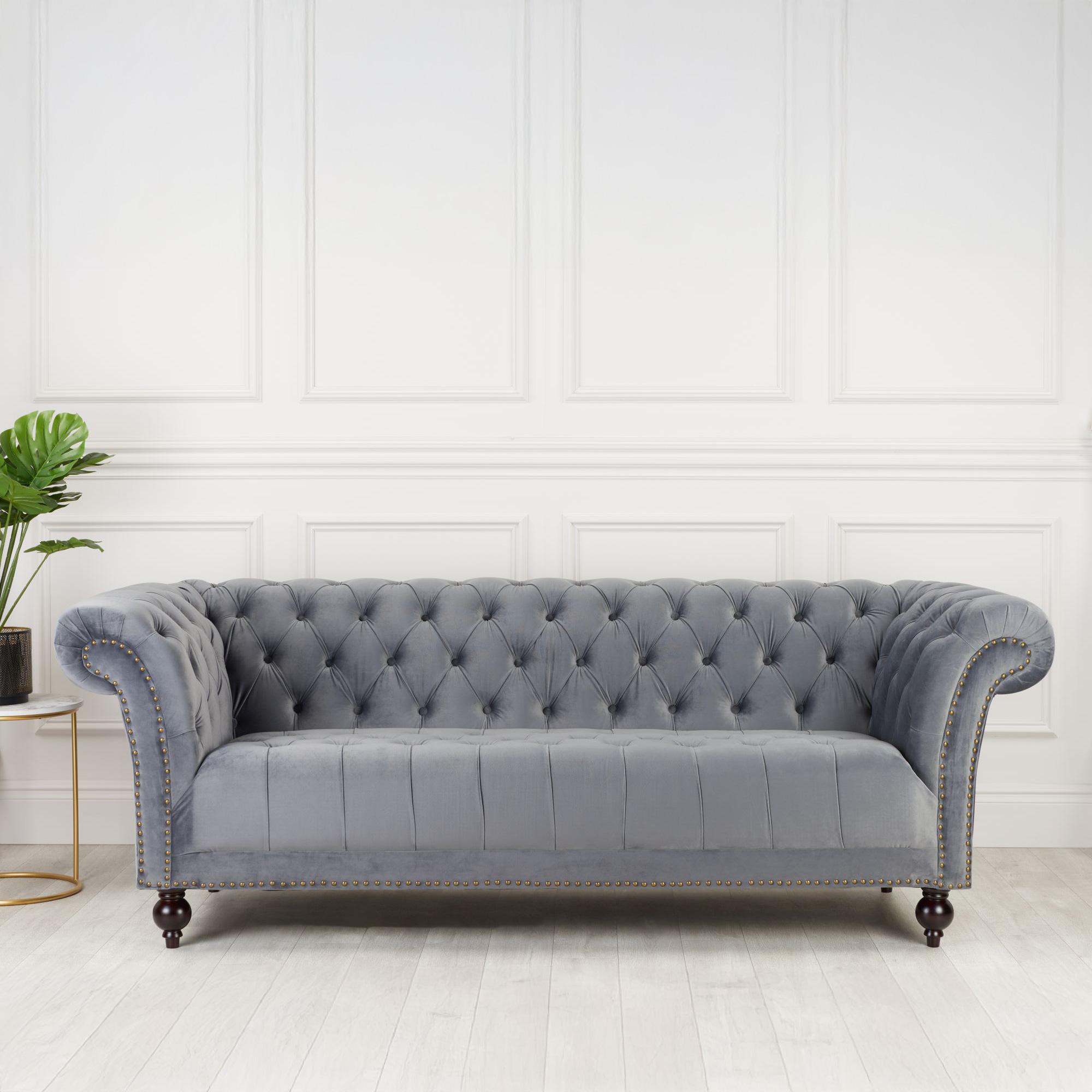 Chester Sofa - 3 Seater - Grey Velvet Fabric