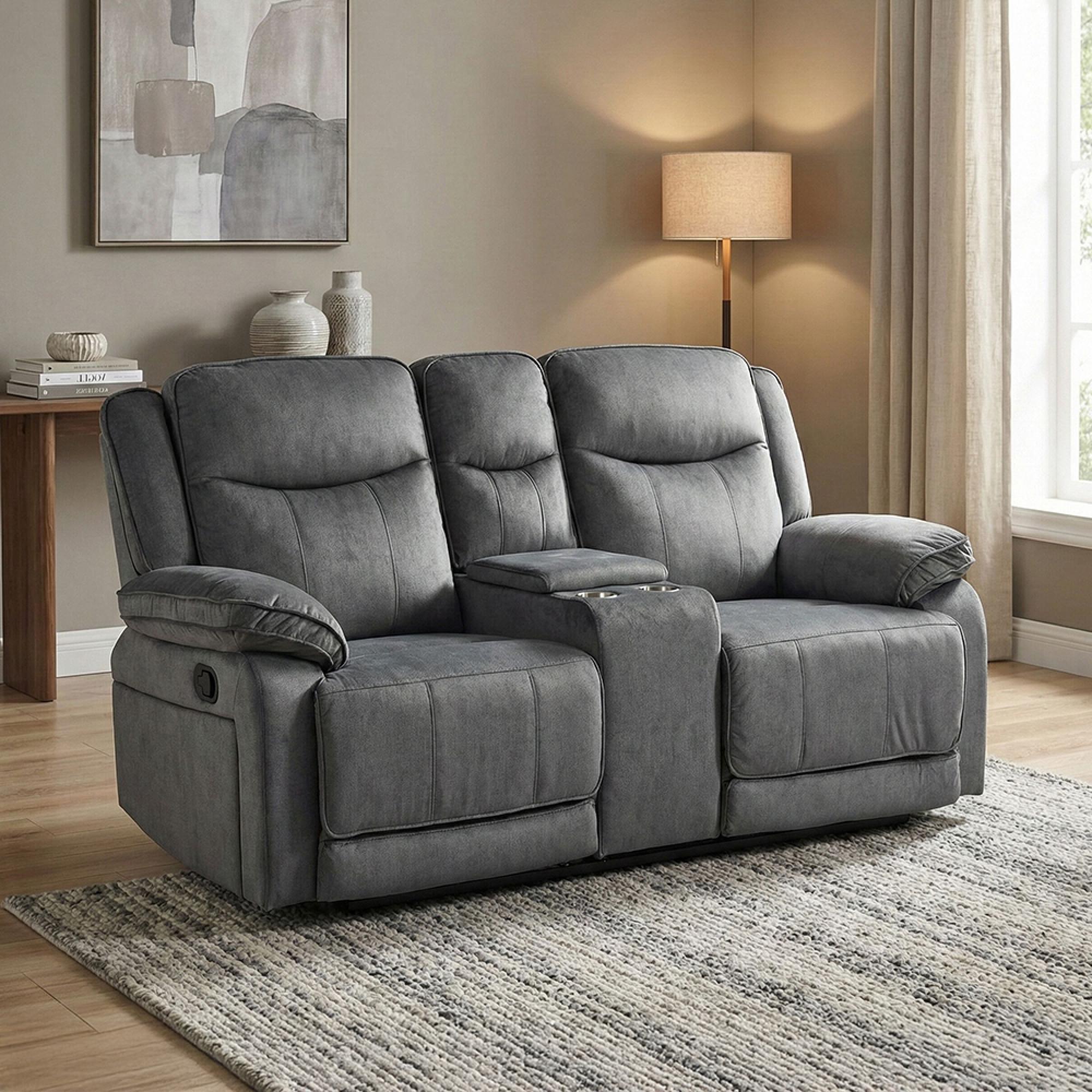 Clayton Recliner Sofa - with Console - 2 Seater - Grey - Fabric
