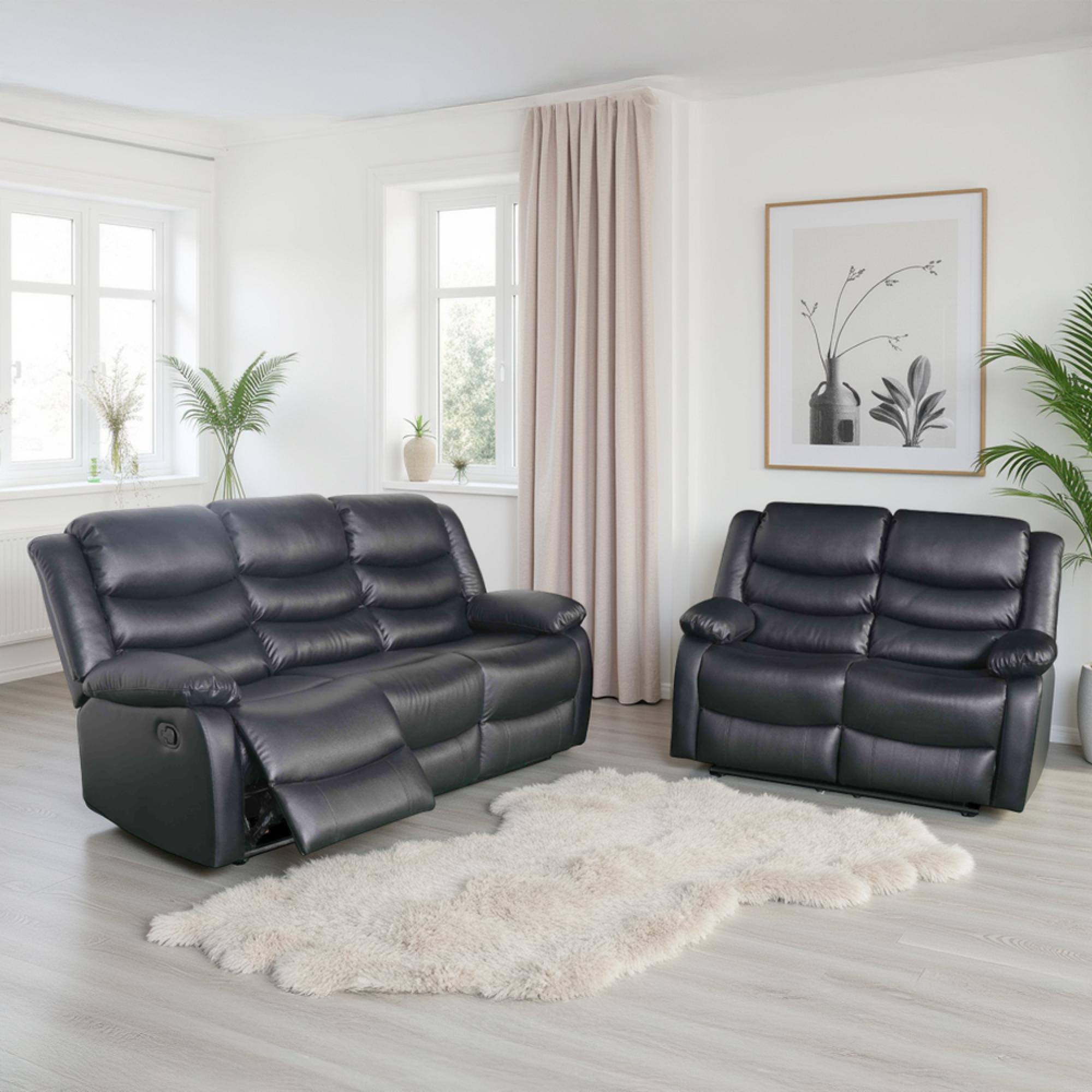 Conrad Manual Recliner Sofa Set - Black Leather - 3+2 Seater