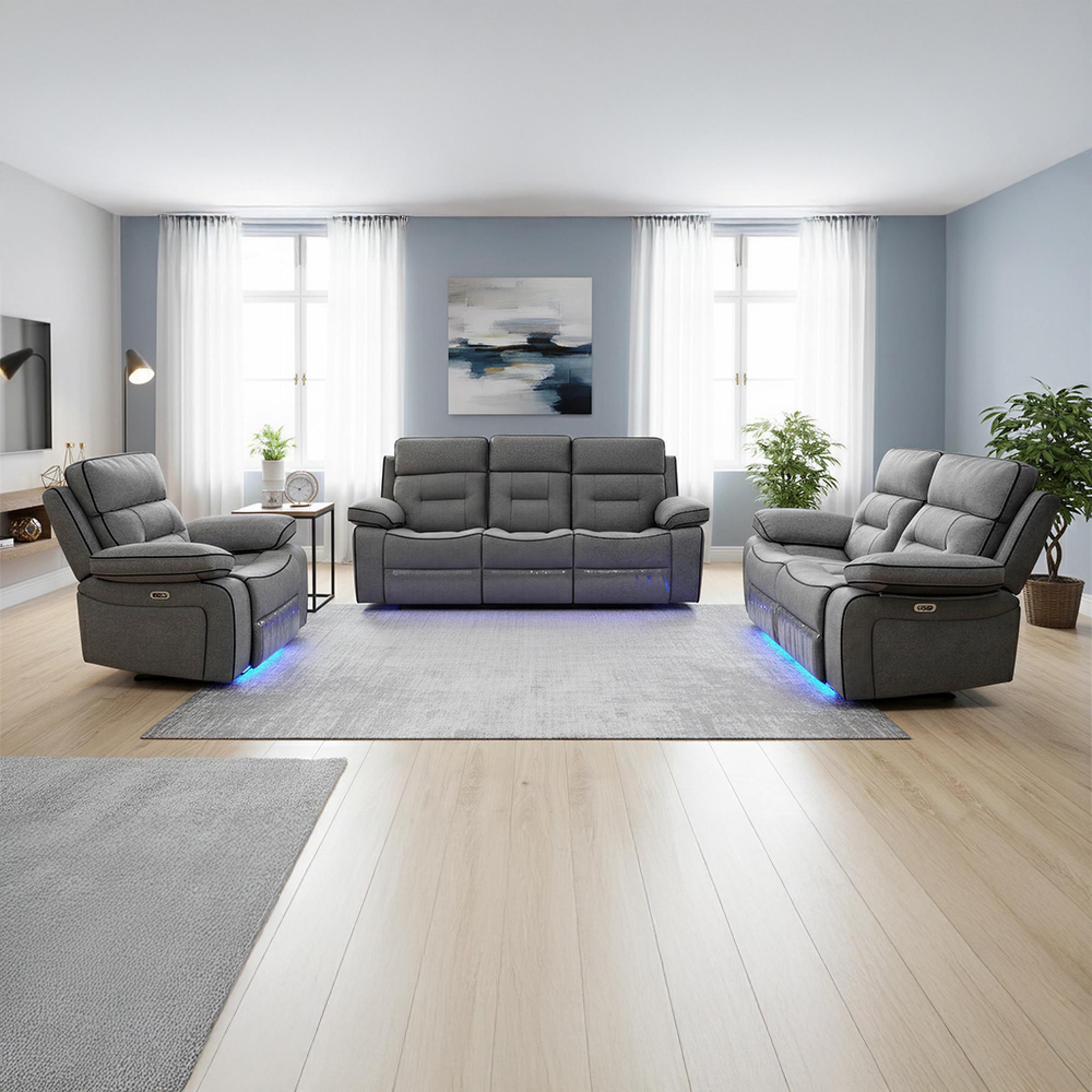 Foster Recliner Sofa Set - 3+2+1 Seater - Grey Fabric - LED Lights - Drop-Down Table & Cup Holders