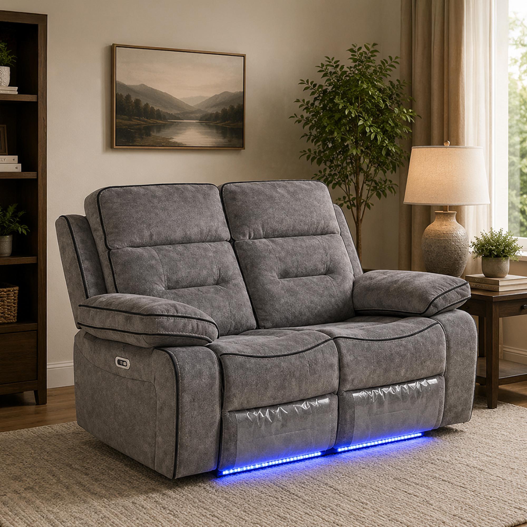 Foster Recliner Sofa - 2 Seater - Grey Fabric - LED Lights