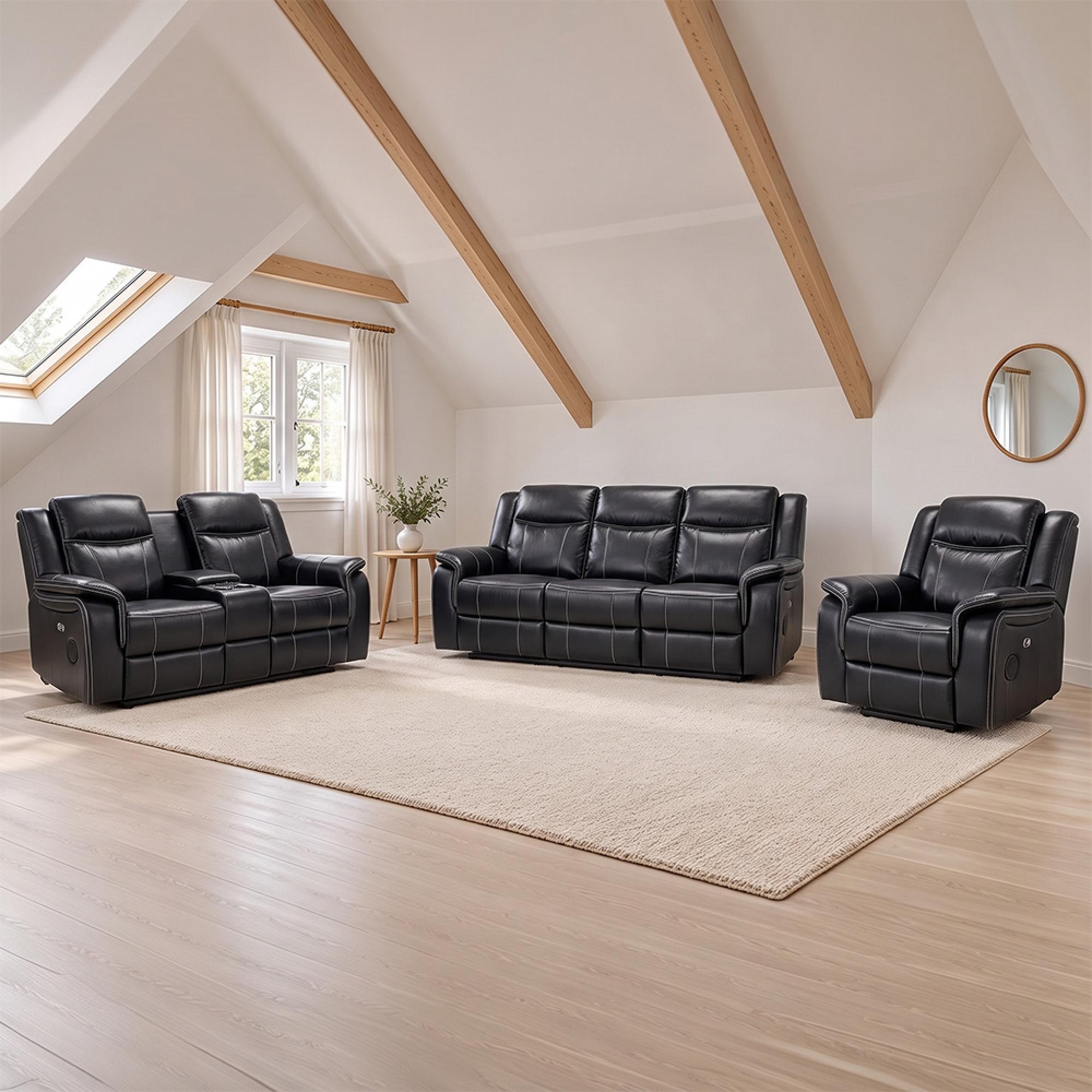 Galaxy Electric Recliner Sofa Set - Black Faux Leather - 3+2+1 Seater