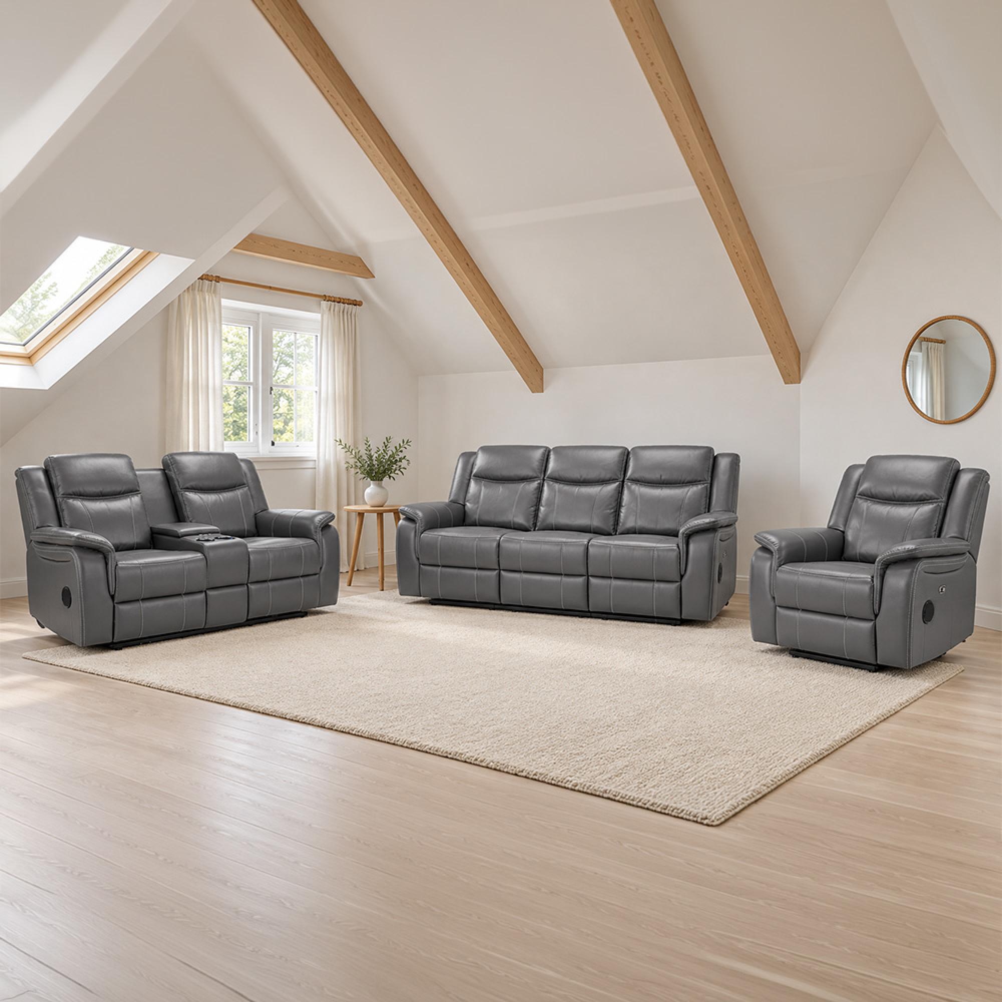 Galaxy Electric Recliner Sofa Set - Grey Faux Leather - 3+2+1 Seater