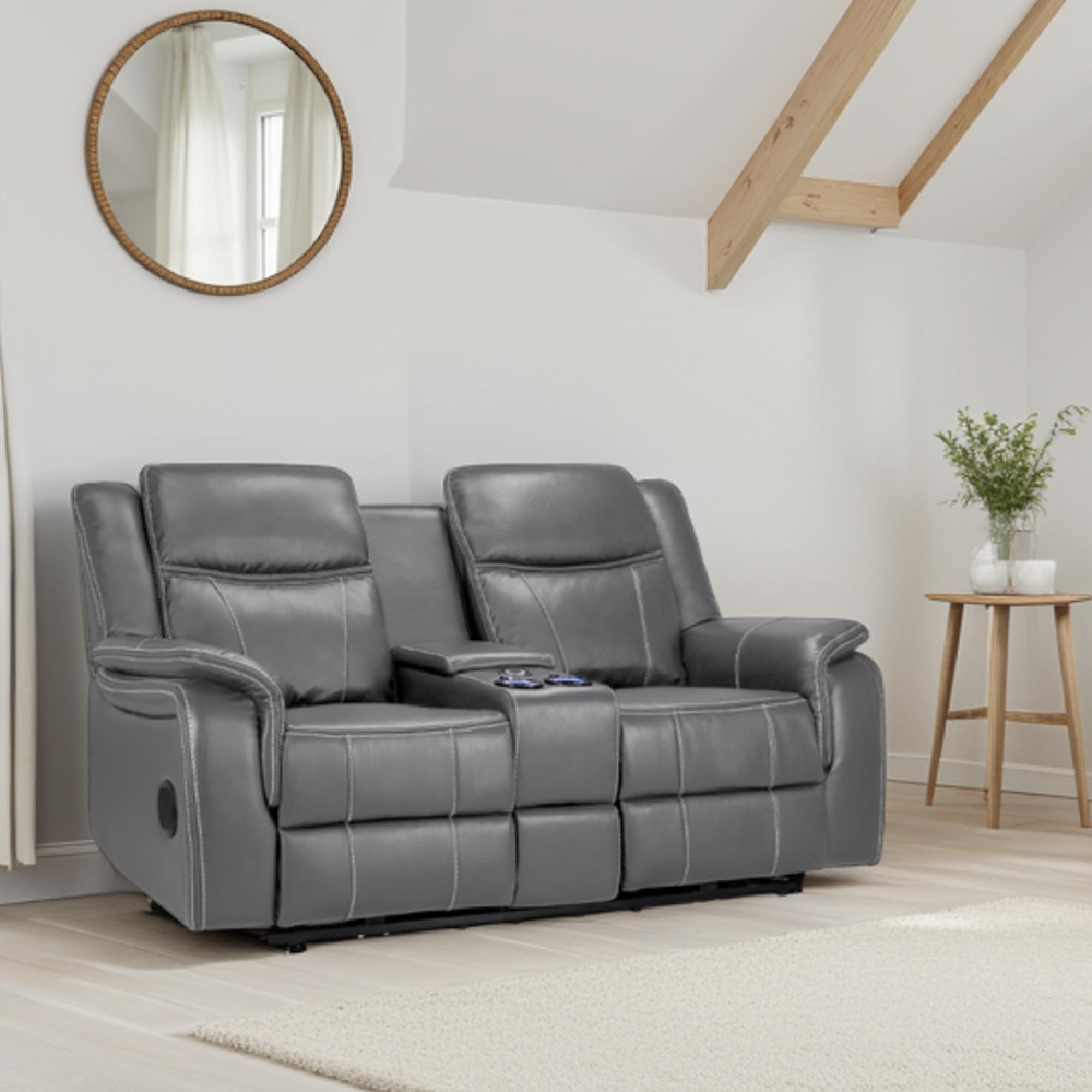 Galaxy Electric Recliner Sofa - Grey Faux Leather - 2 Seater - Console