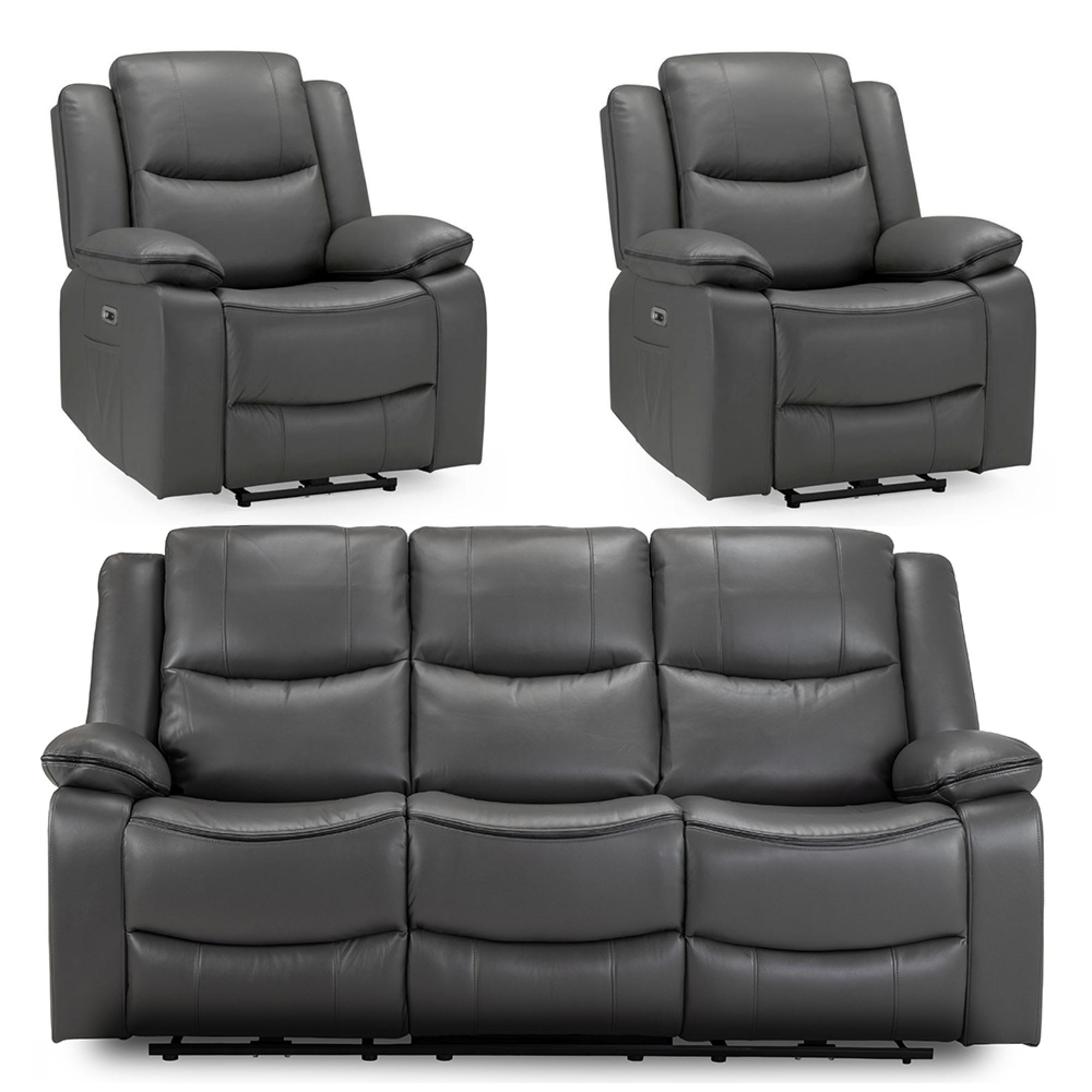 Harald Electric Recliner Sofa Set - Grey Faux Leather - 3+1+1 Seater