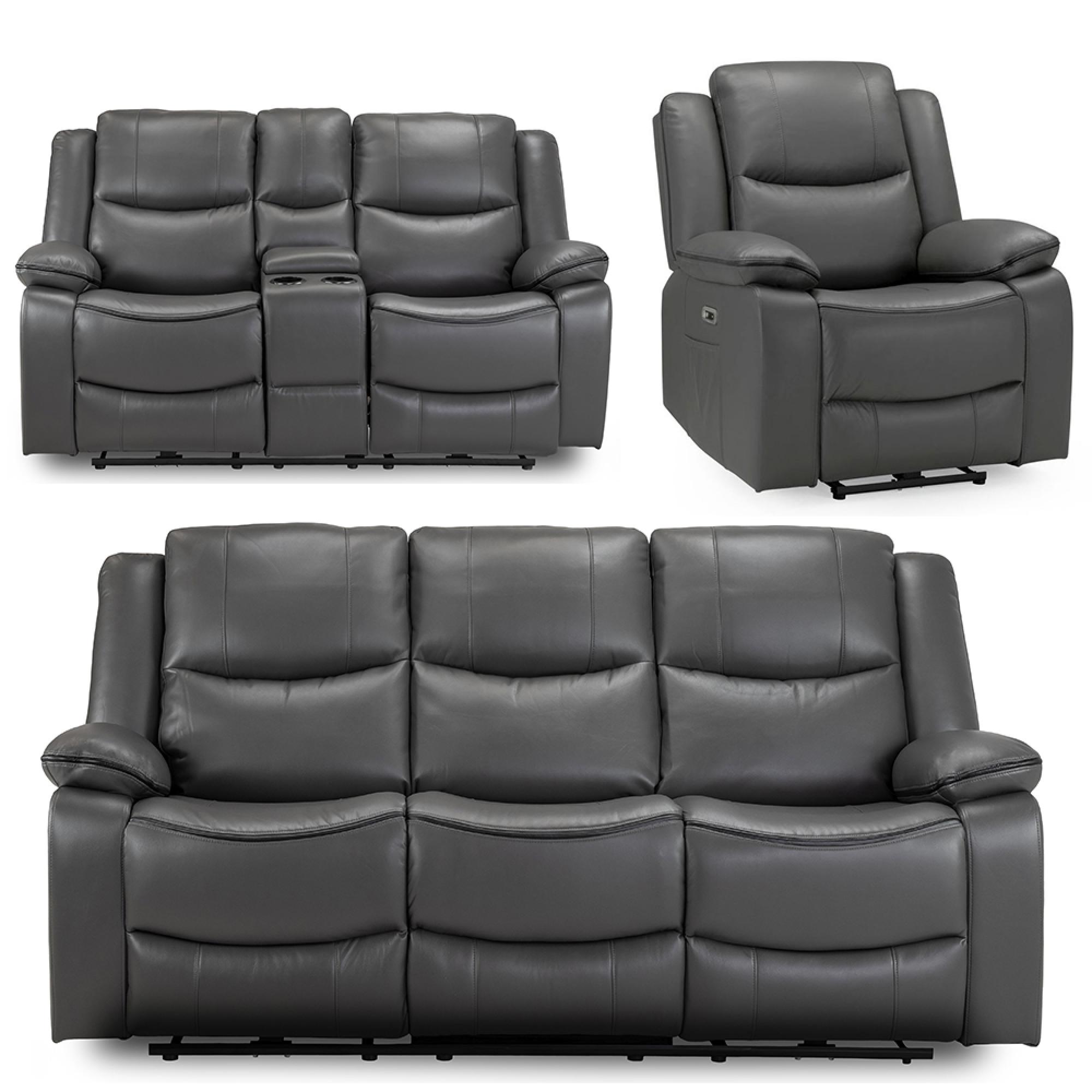 Harald Electric Recliner Sofa Set - Grey Faux Leather - 3+2+1 Seater