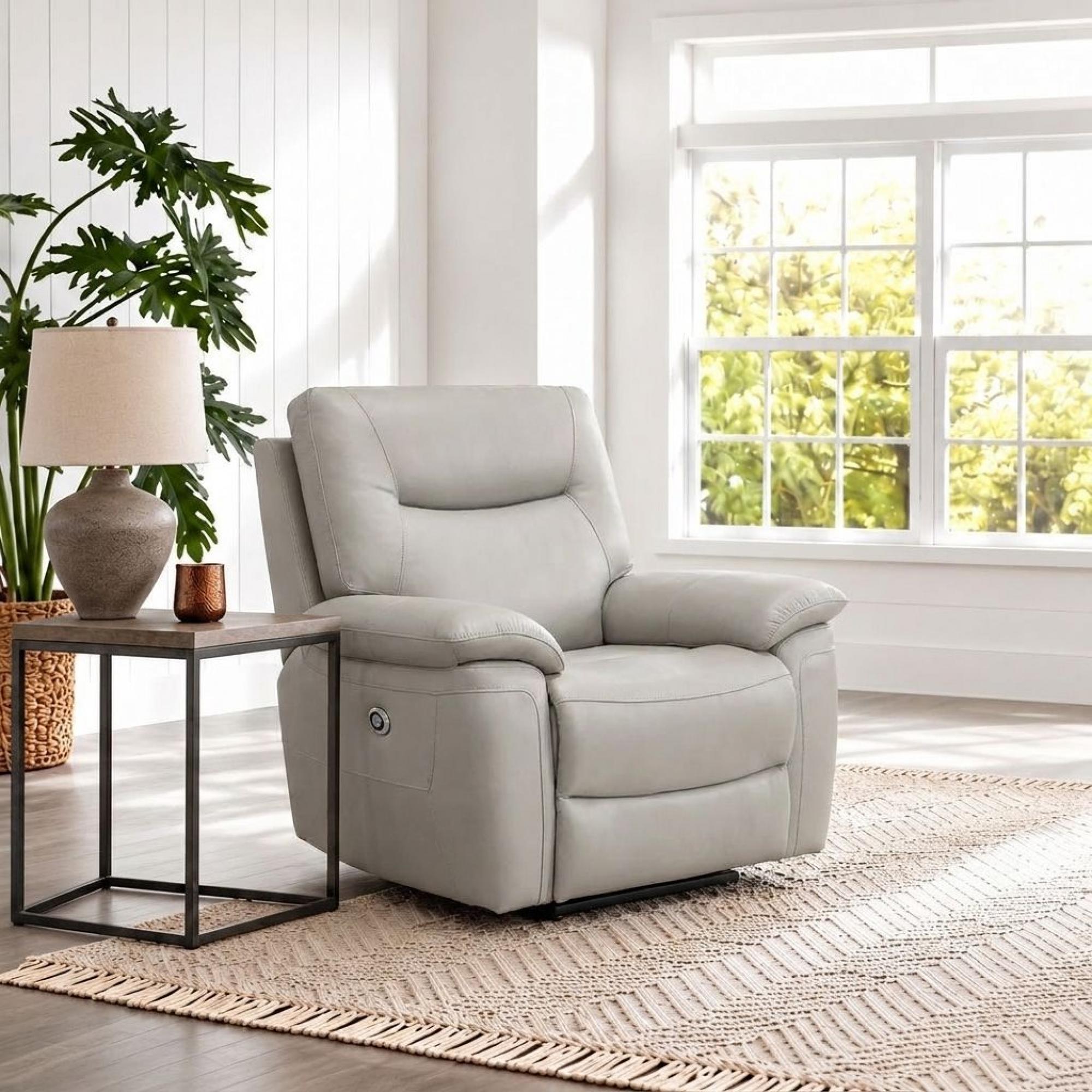 Lucia Power Recliner Armchair - Pearl Grey Leather