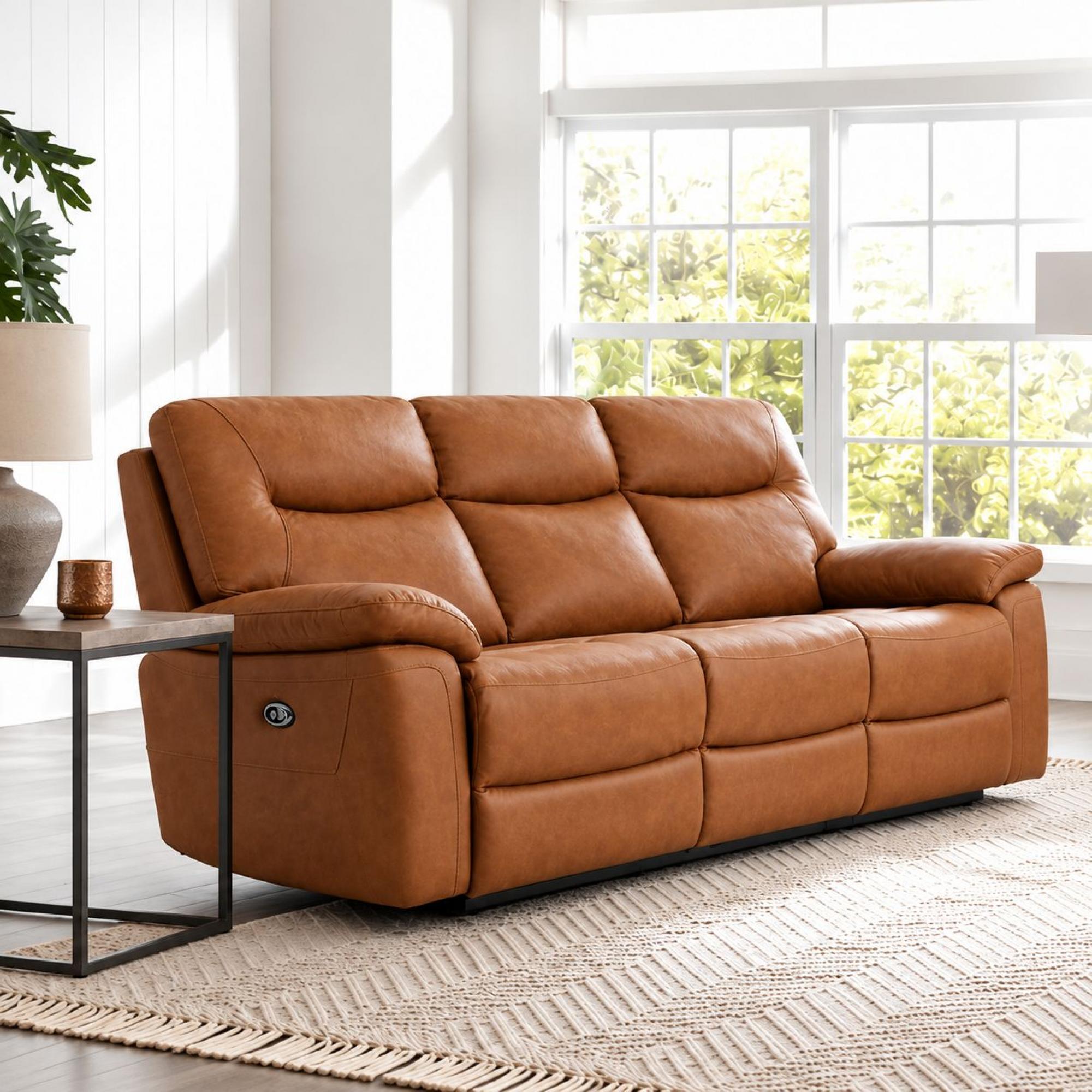Lucia Power Recliner Sofa - 3 Seater - Tan - Leather