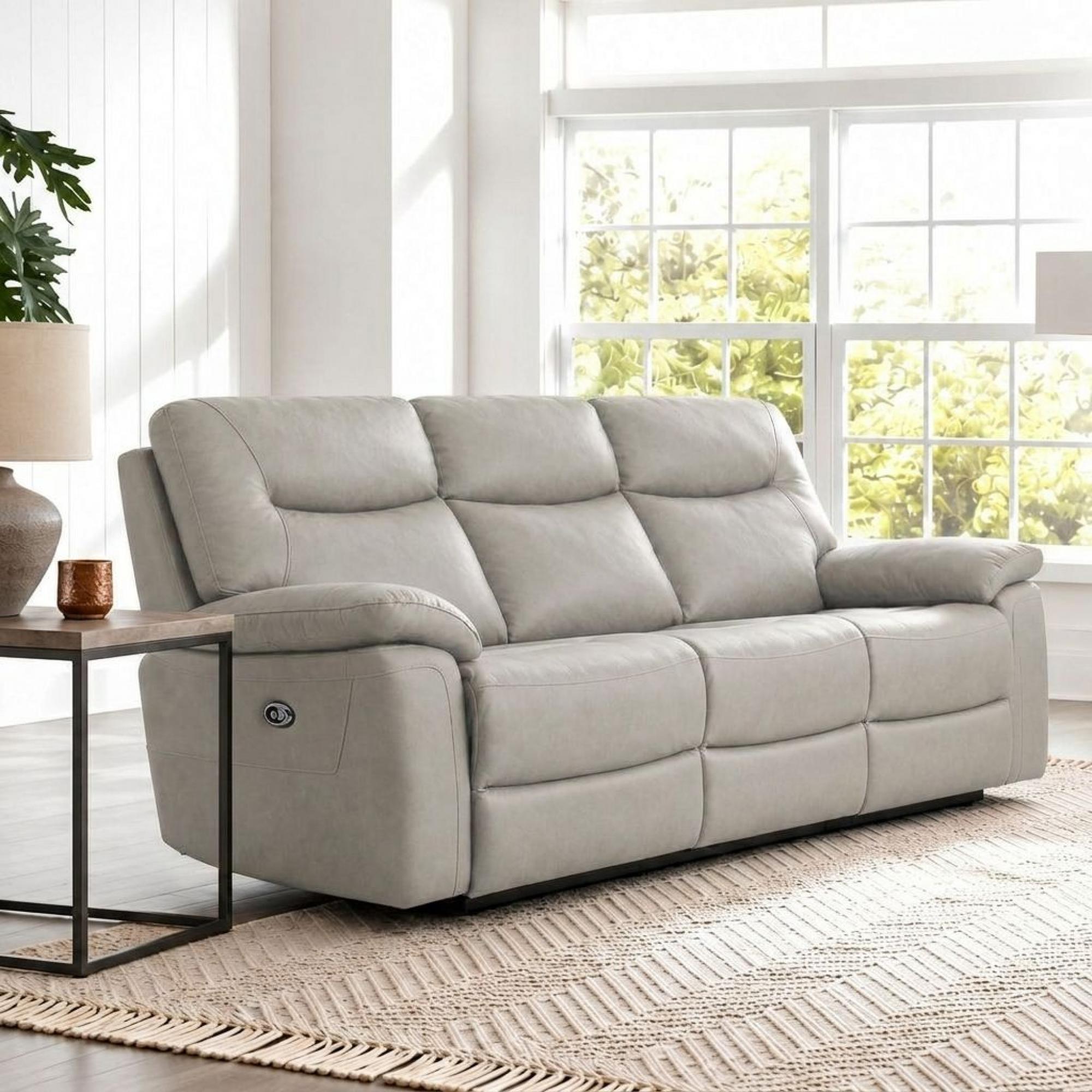 Lucia Power Recliner Sofa - Pearl Grey Leather - 3 Seater