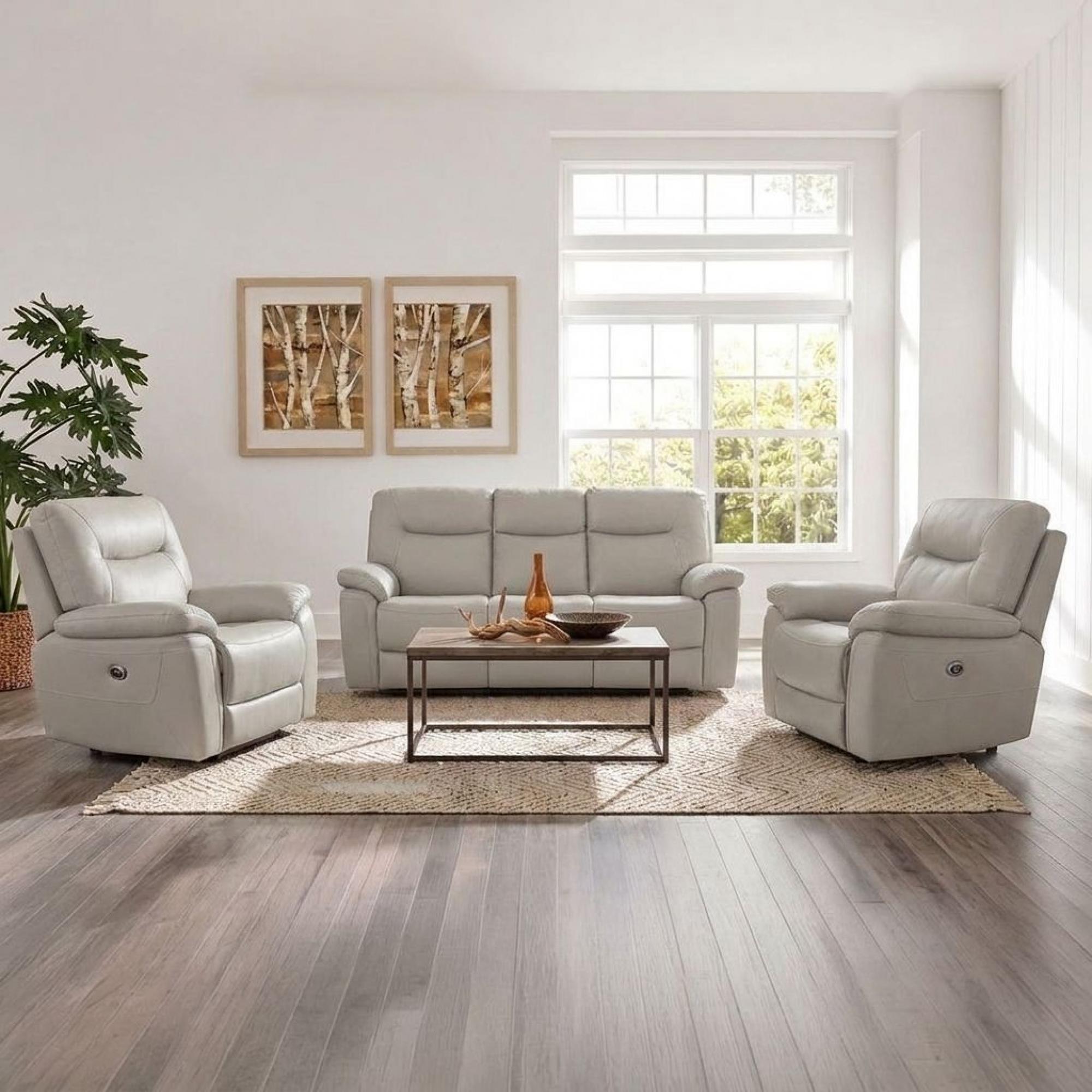 Lucia Power Recliner Sofa Set - Pearl Grey Leather - 3+1+1 Seater