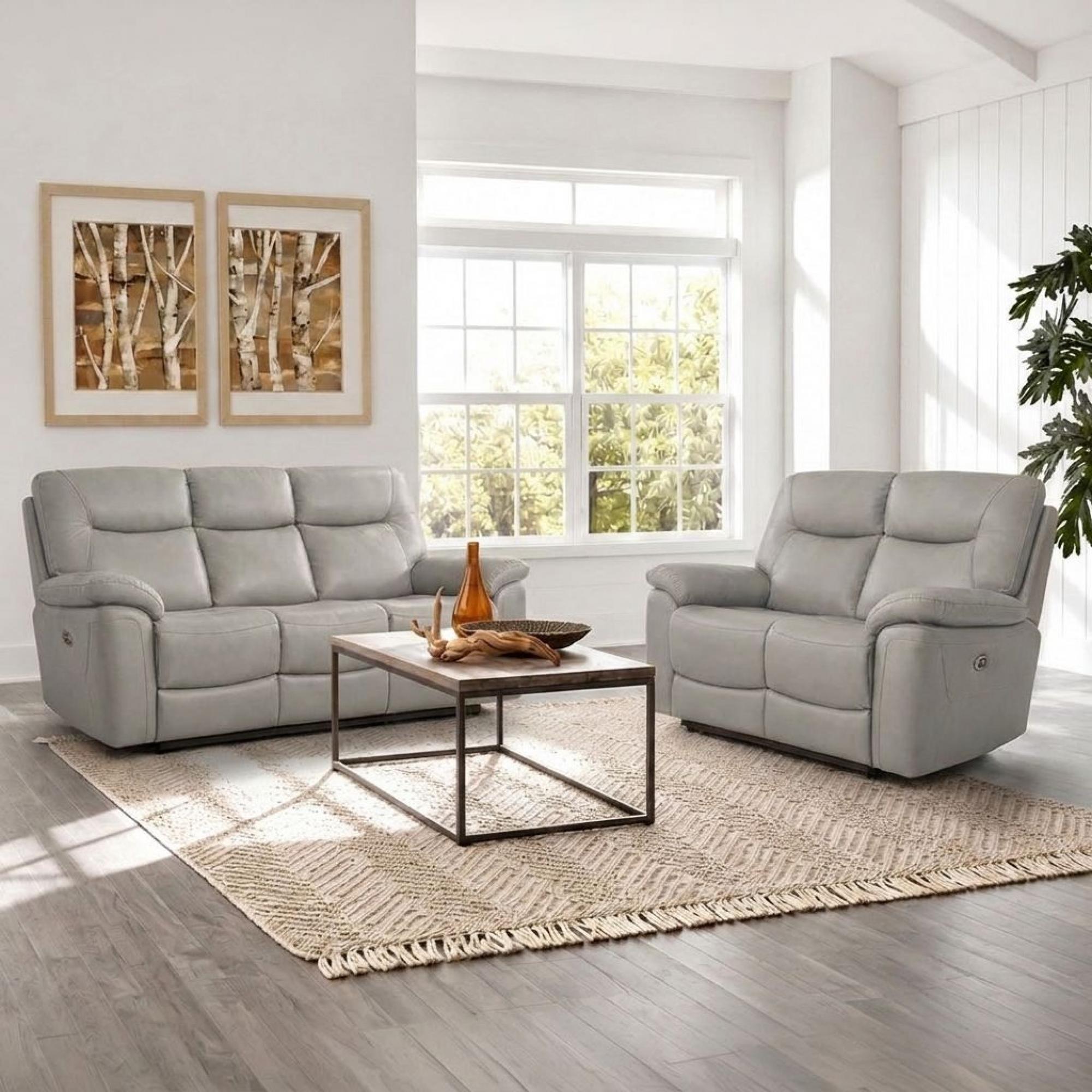 Lucia Power Recliner Sofa Set - Pearl Grey Leather - 3+2 Seater