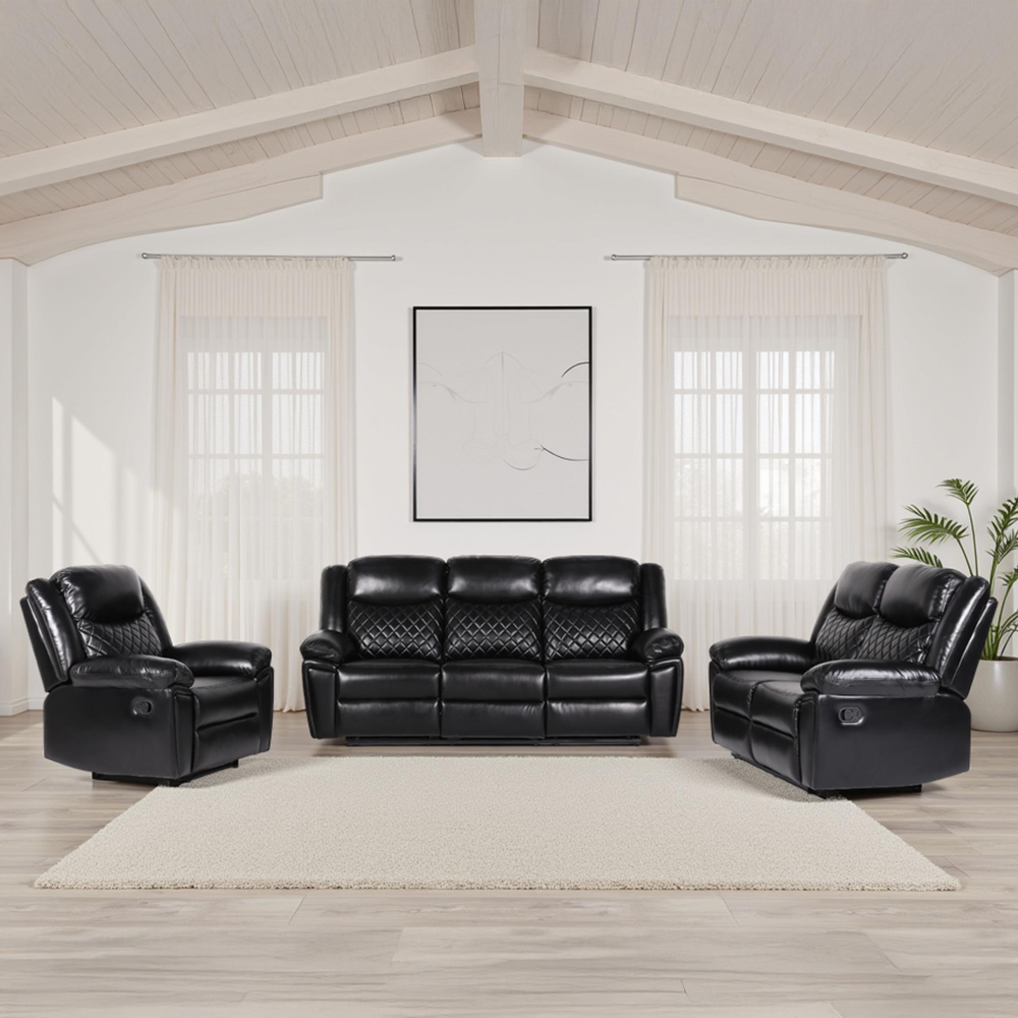Myra Manual Recliner Sofa Set - Black Faux Leather - 3+2+1 Seater