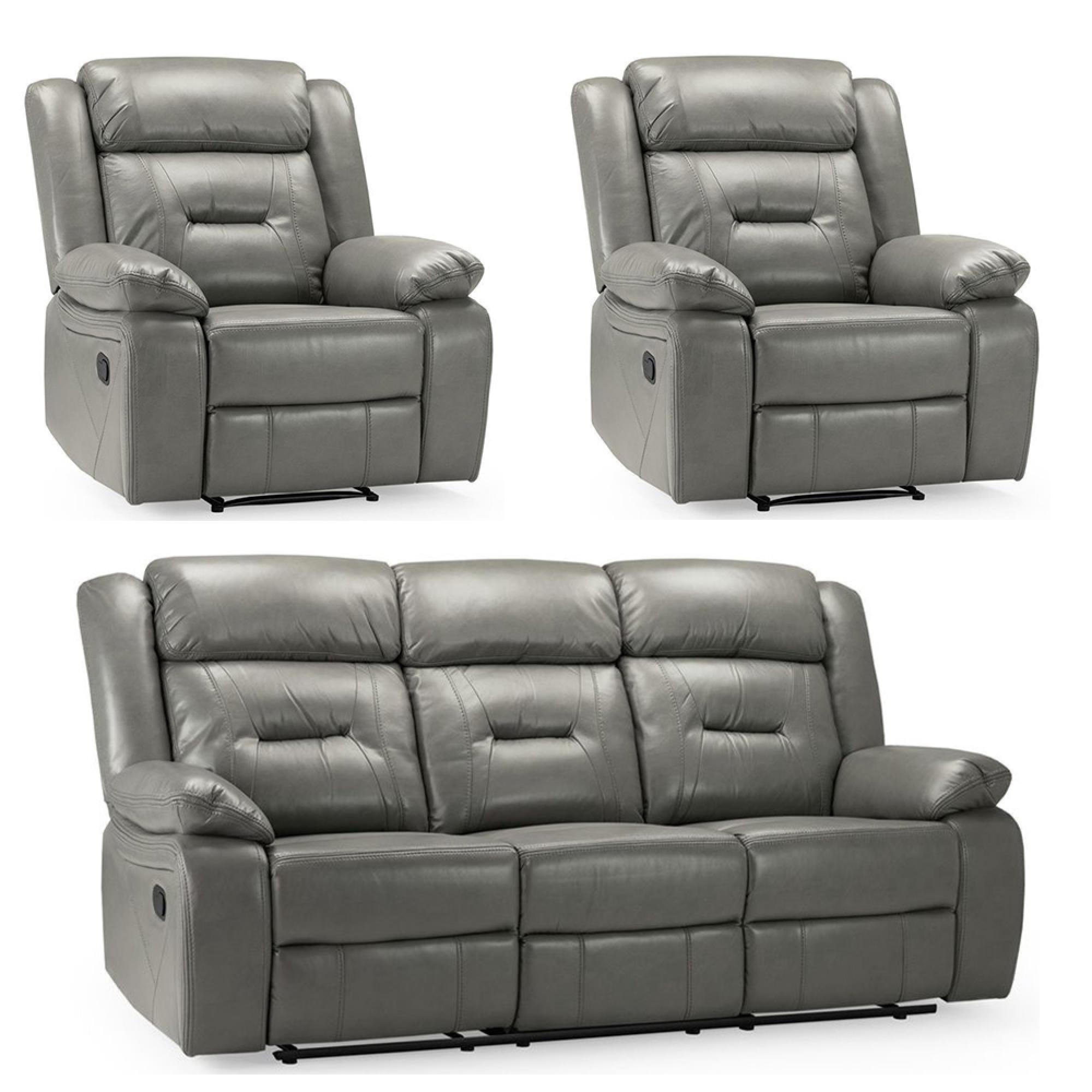 Novie Manual Recliner Sofa Set - Grey Faux Leather - 3+1+1 Seater