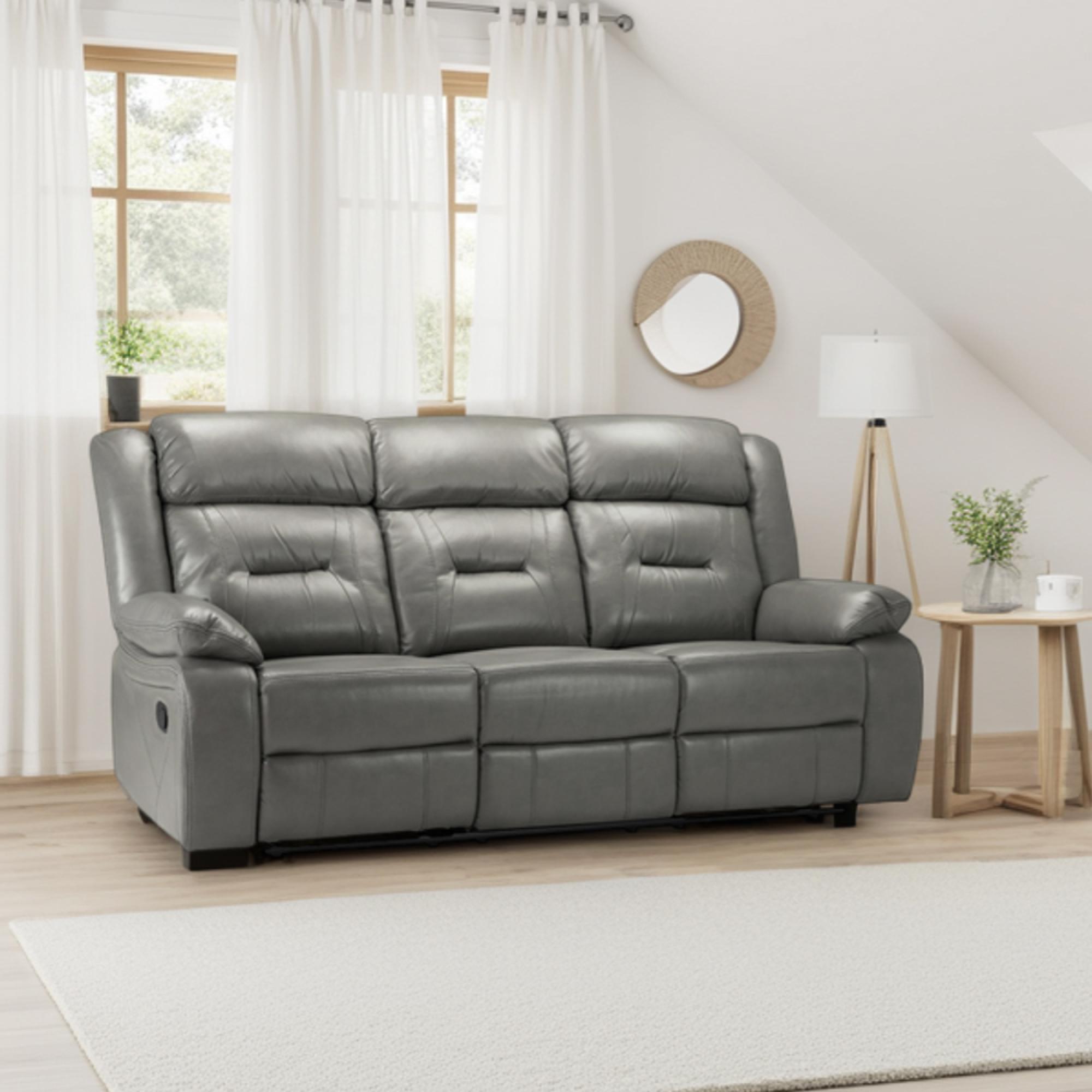 Novie Manual Recliner Sofa - Grey Faux Leather - 3 Seater