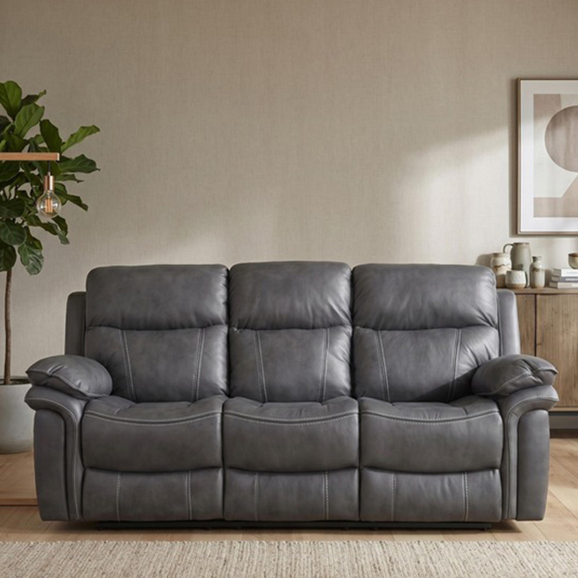 Richmond Manual Recliner Sofa - 3 Seater - Charcoal - Leather Look Fabric