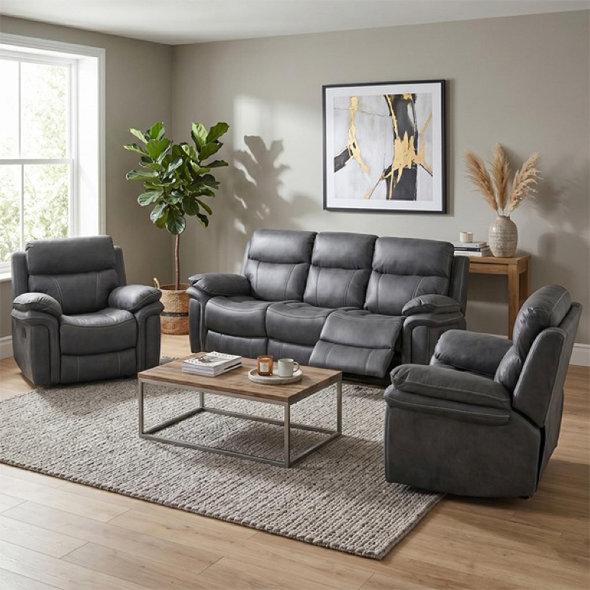 Richmond Manual Recliner Sofa Suite - 3+1+1 Seater - Charcoal - Leather Look Fabric