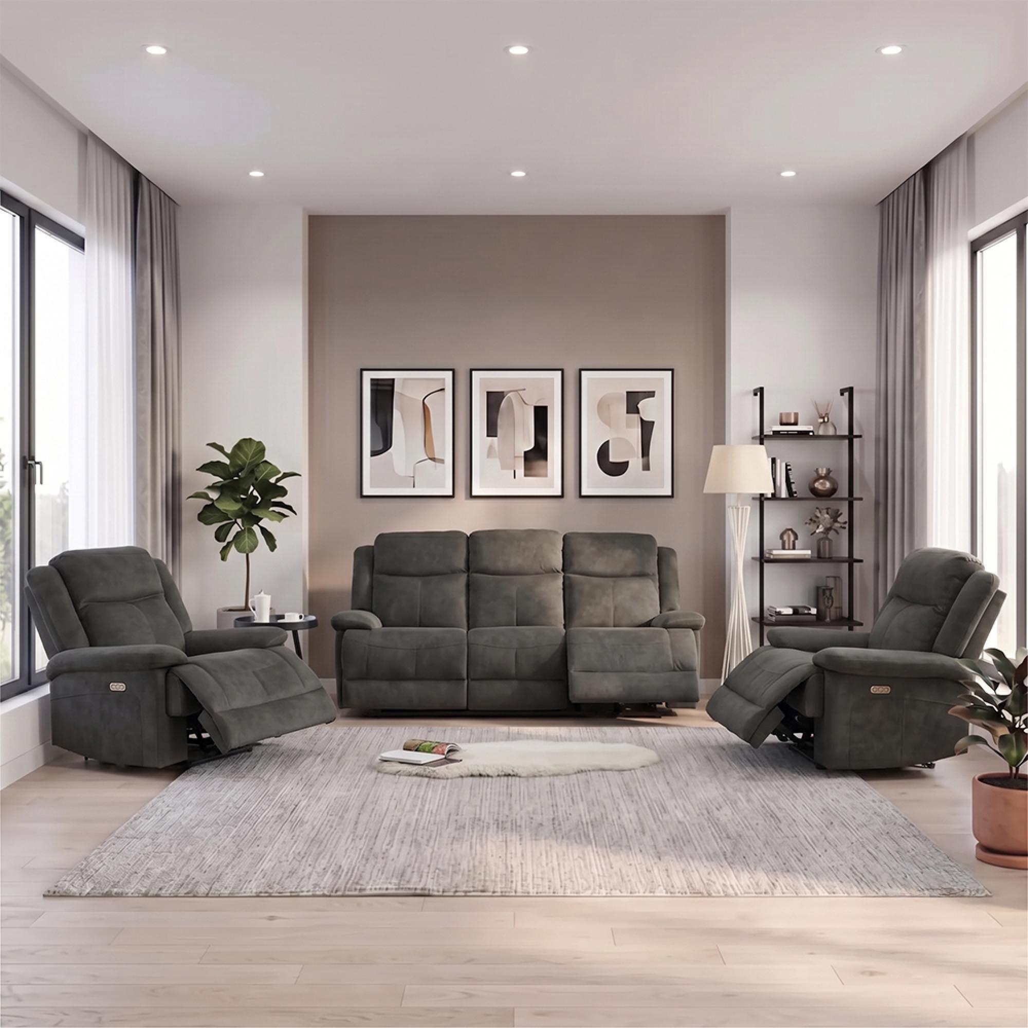 Rockport Electric Recliner Sofa - 3+1+1 Seater - Thunder - Fabric