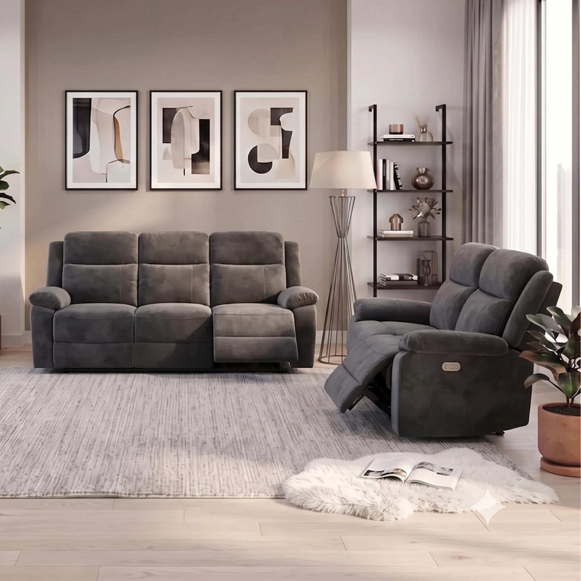 Rockport Electric Recliner Sofa - 3+2 Seater - Thunder - Fabric