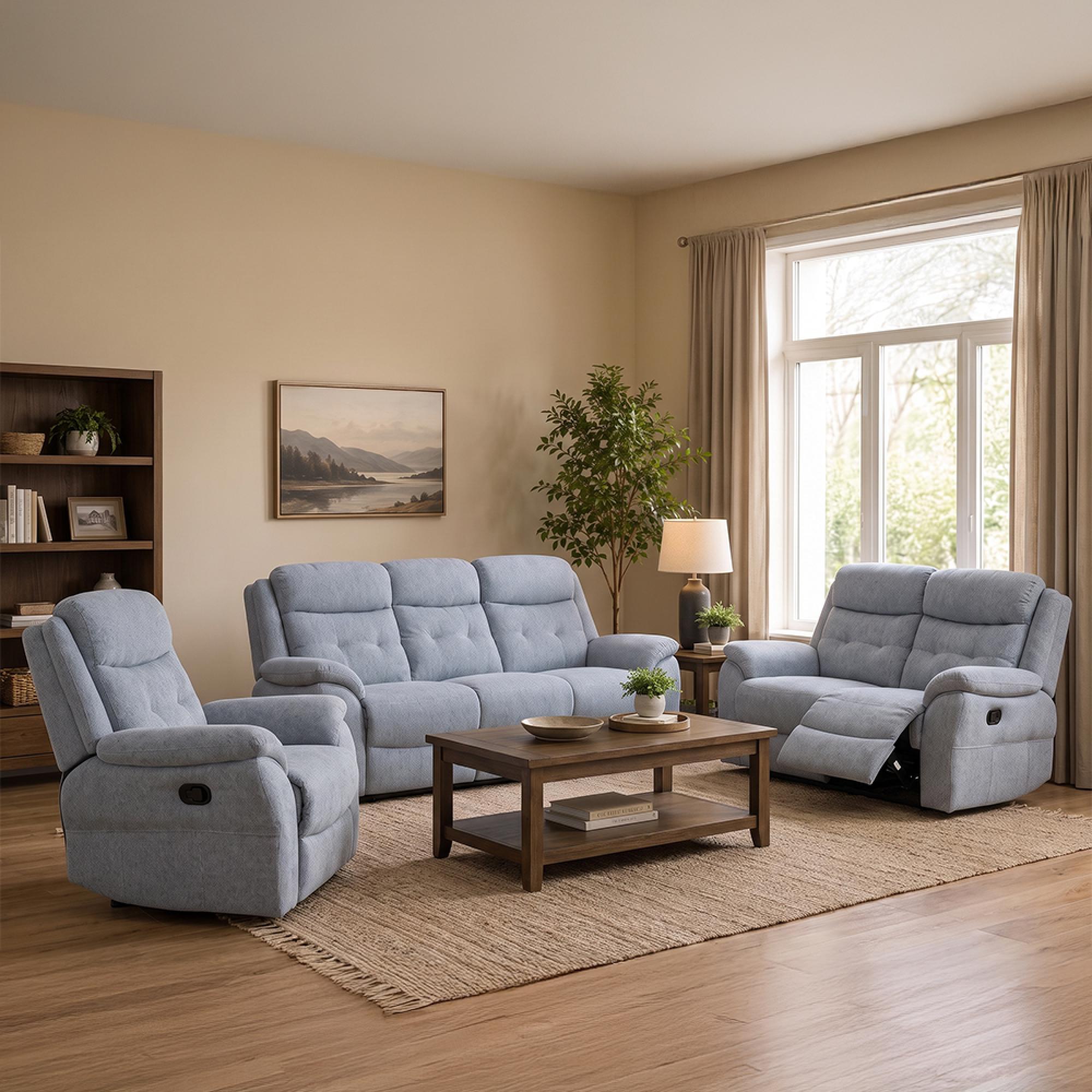Shelby Recliner Sofa Set - 3+2+1 Seater - Grey Fabric