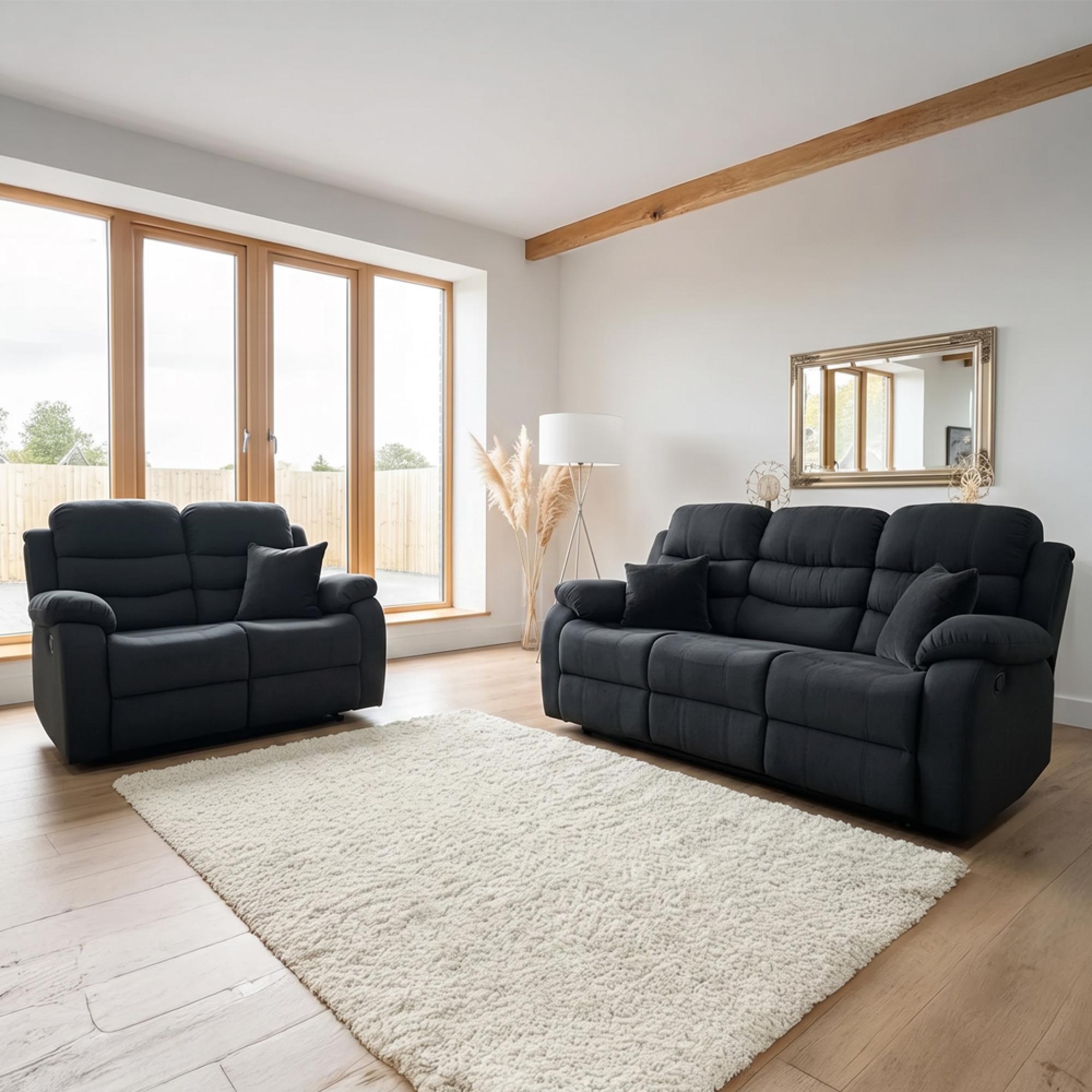 Stanley Manual Recliner Sofa Set - Black Fabric - 3+2 Seater