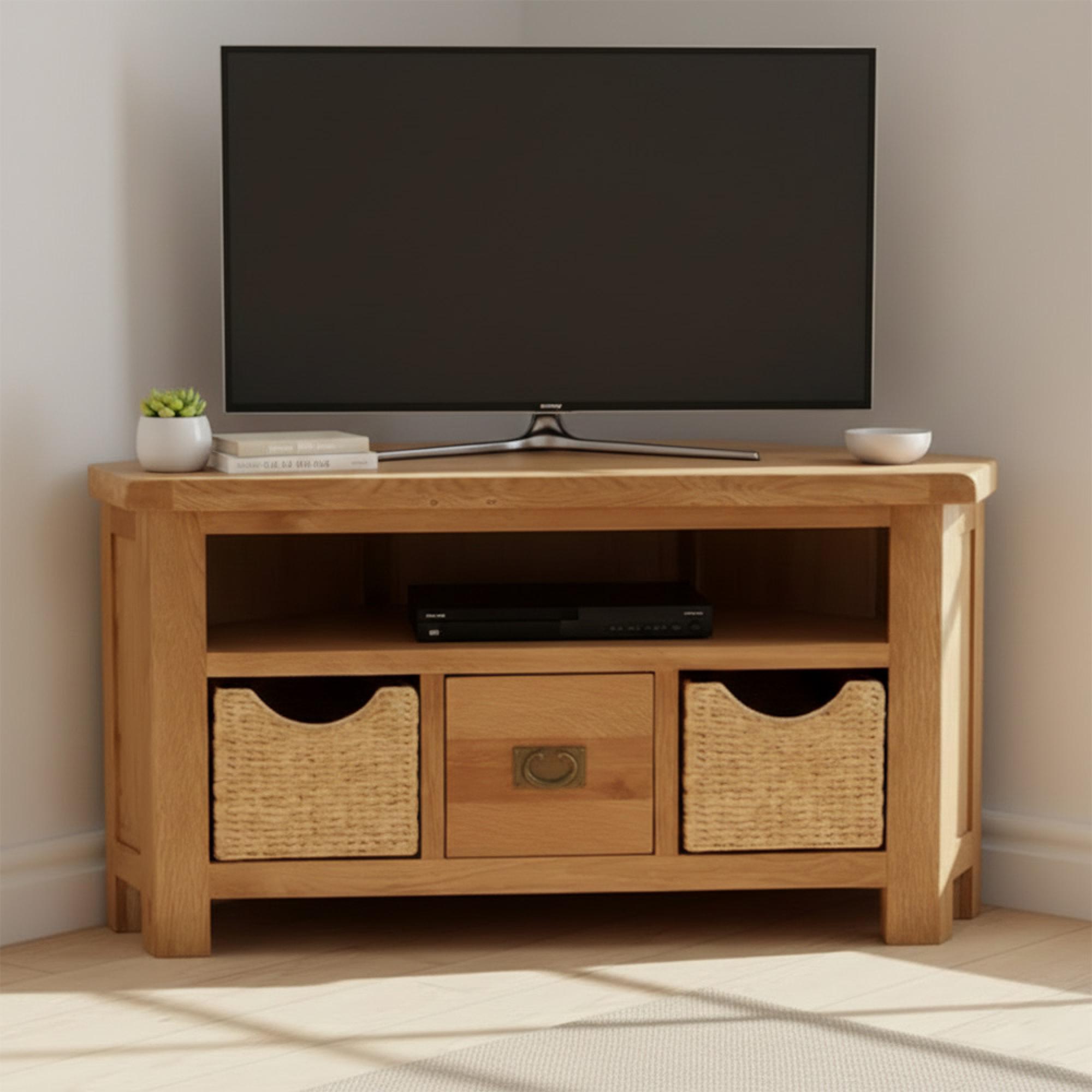Salisbury Premium Corner TV Unit - 1 Drawer - with Baskets - Oak