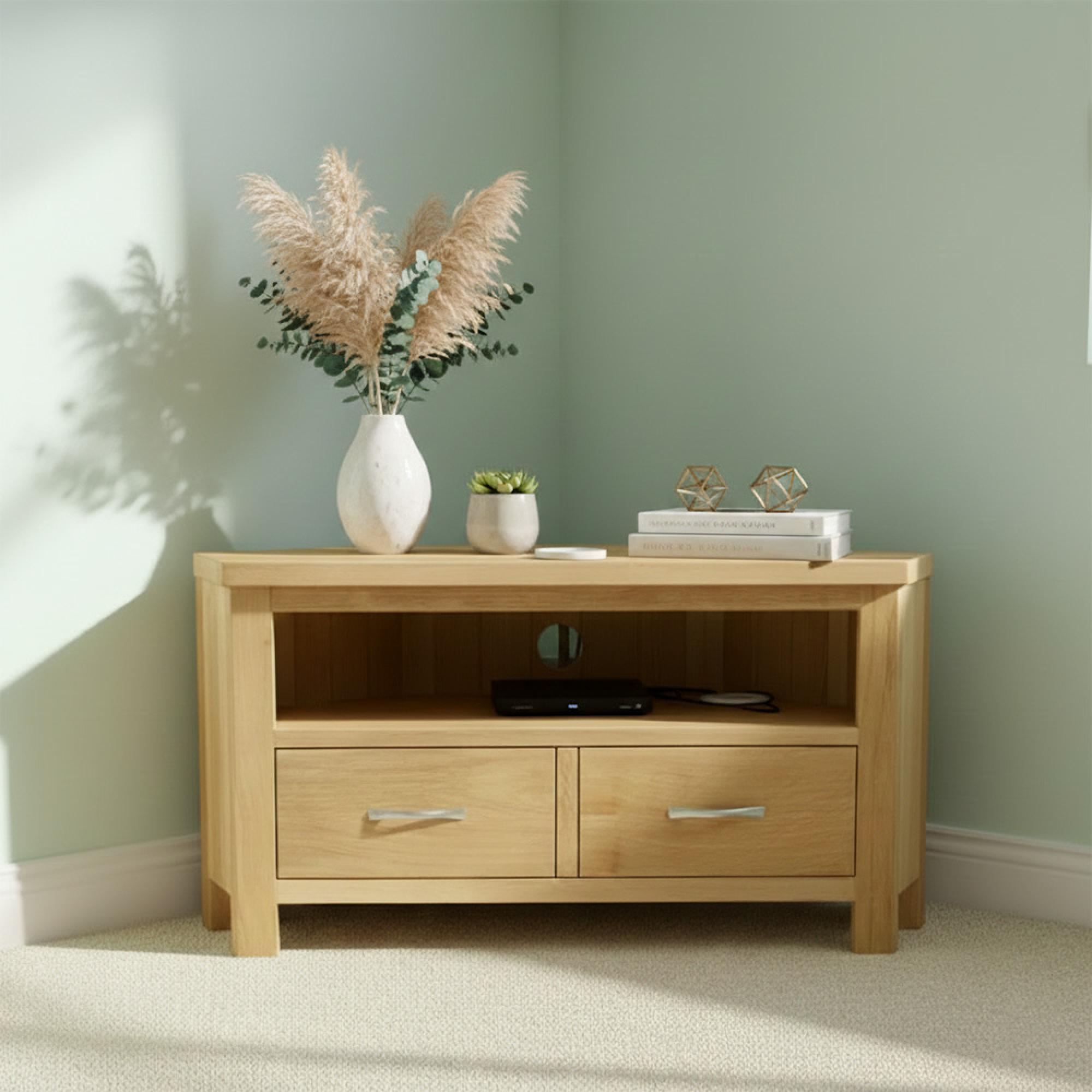 New Trinity Corner TV Unit - 2 Drawer - Natural Oak